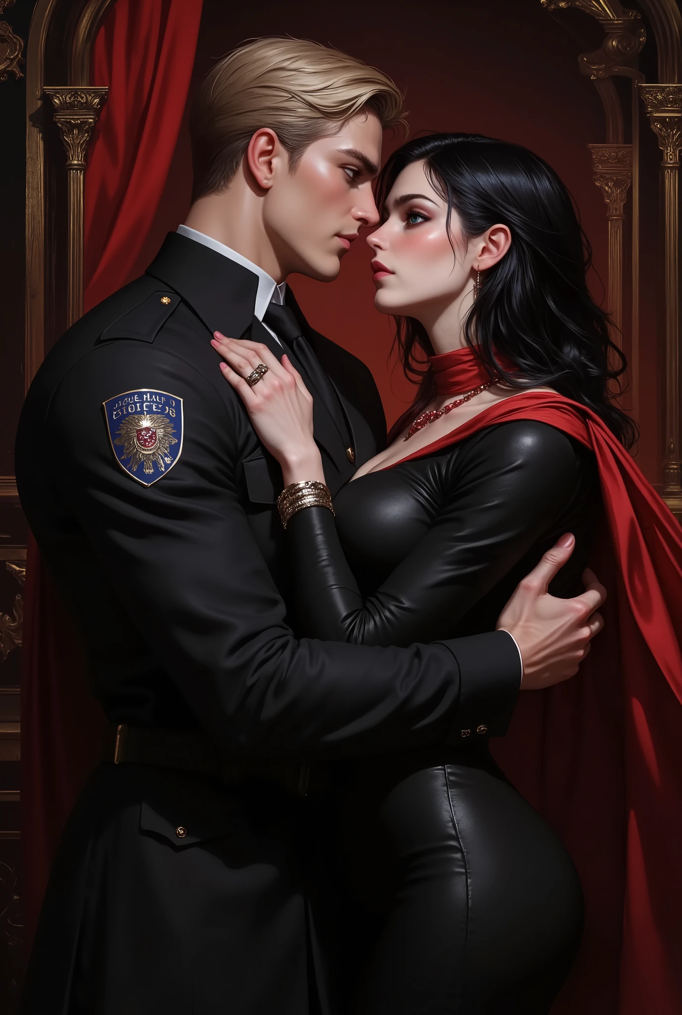 couple, 28 year old man, tall, strong, short dark blond hair, bald, thick eyebrows and sharp green eyes, full lips, he is in profile wearing a police officer's outfit while holding her face with one hand, he is looking at the woman, the woman is next to him facing forward, she has long wavy black hair, grayish blue eyes, a cold expression, she is wearing a black silk dress and on her shoulders a red scarf, she has a ruby necklace around her neck, the two are kissing, the background is the decoration of an 18th century house in dark red, black and gold colors.