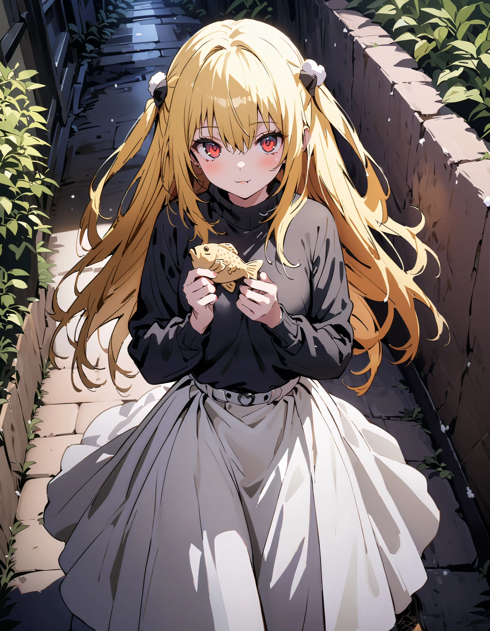 toloverudarkness, darkness, yellow hair, long hair, red eyes , Hair Ornament,White hair band ,White muffler, black down coat ,( sweater :1.2),( turtleneck:1.2), white long skirt, boots,Walking around eating with taiyaki in one hand,Eating taiyaki ,snow,whole bodyがイラストに入るように,
break outdoors, garden,
break looking at viewer,whole body,
break ( Masterpiece:1.2), top quality , kampala, Unity 8k Wallpaper,(shape:0.8),( fine, beautiful eyes :1.6),It's a person ,whole body写真,CG Details , ( perfect hands, Complete Anatomy),