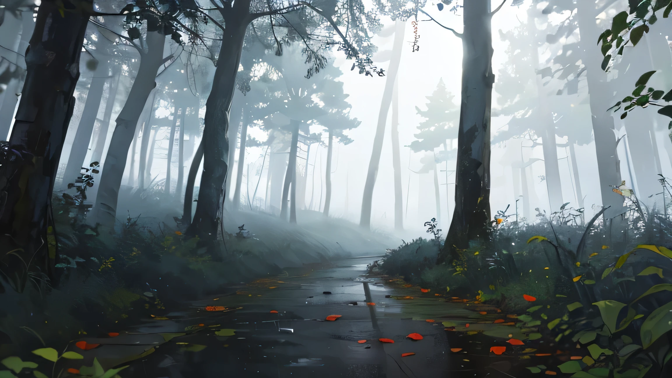 There is a painting of a path in the woods with leaves on the ground ...