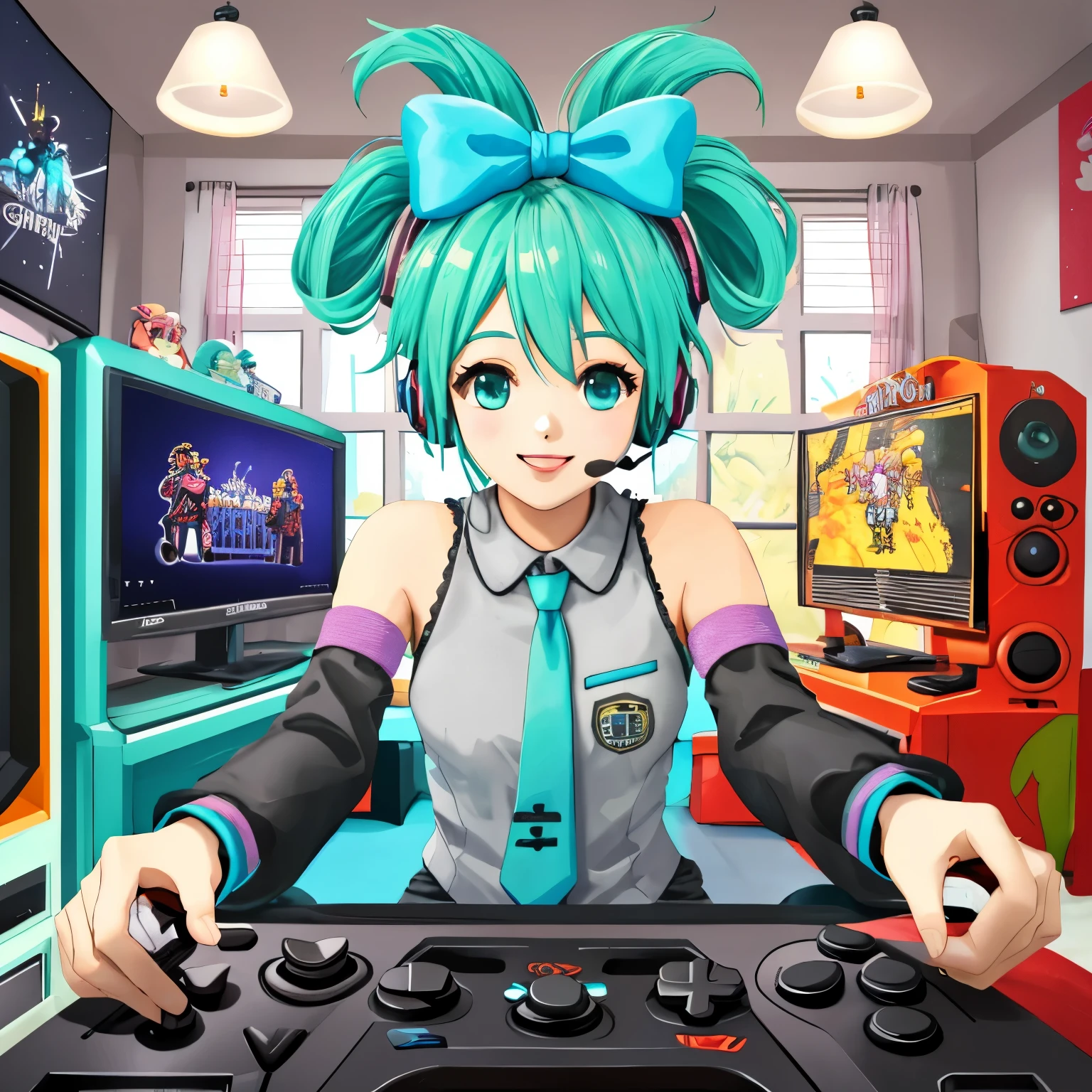 Cinnamic, headset,Play games with a game controller, Games Room, Hi-Res, top quality, smiles,