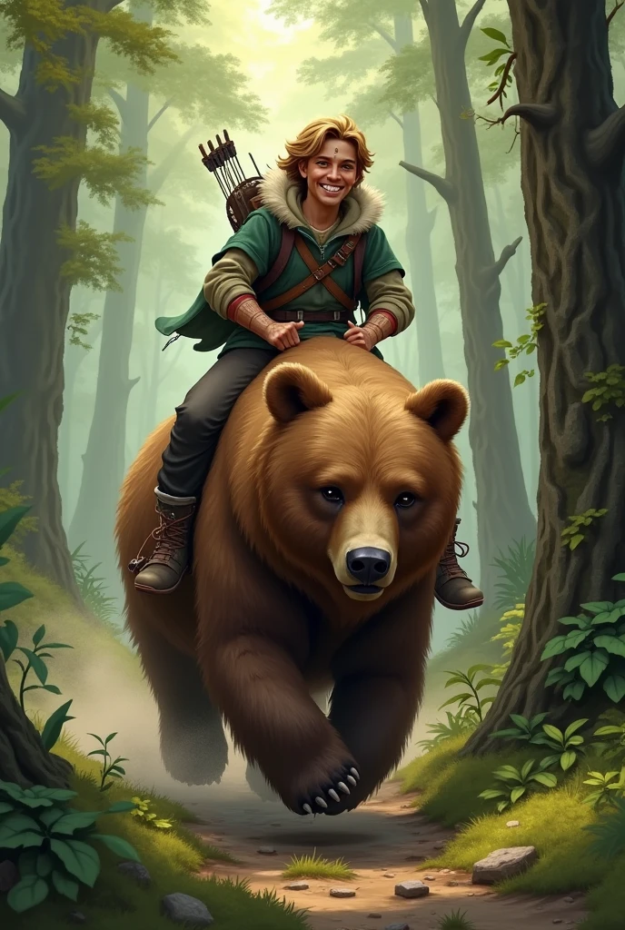 Works of masters,Best image quality,in a panoramic view,full body shot shot,Exquisite facial features,s the perfect face,(ln the forest),A boy riding on a bear,Dingdall effect,Natural soft light,eventide,the woods