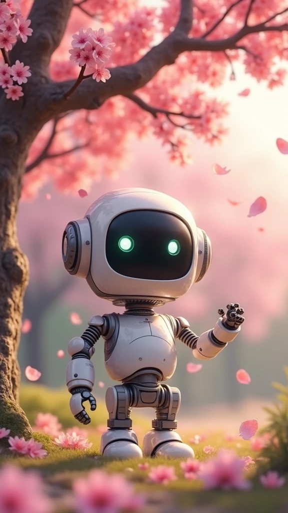 A cute robot is holding hands and looking at a cherry blossom tree