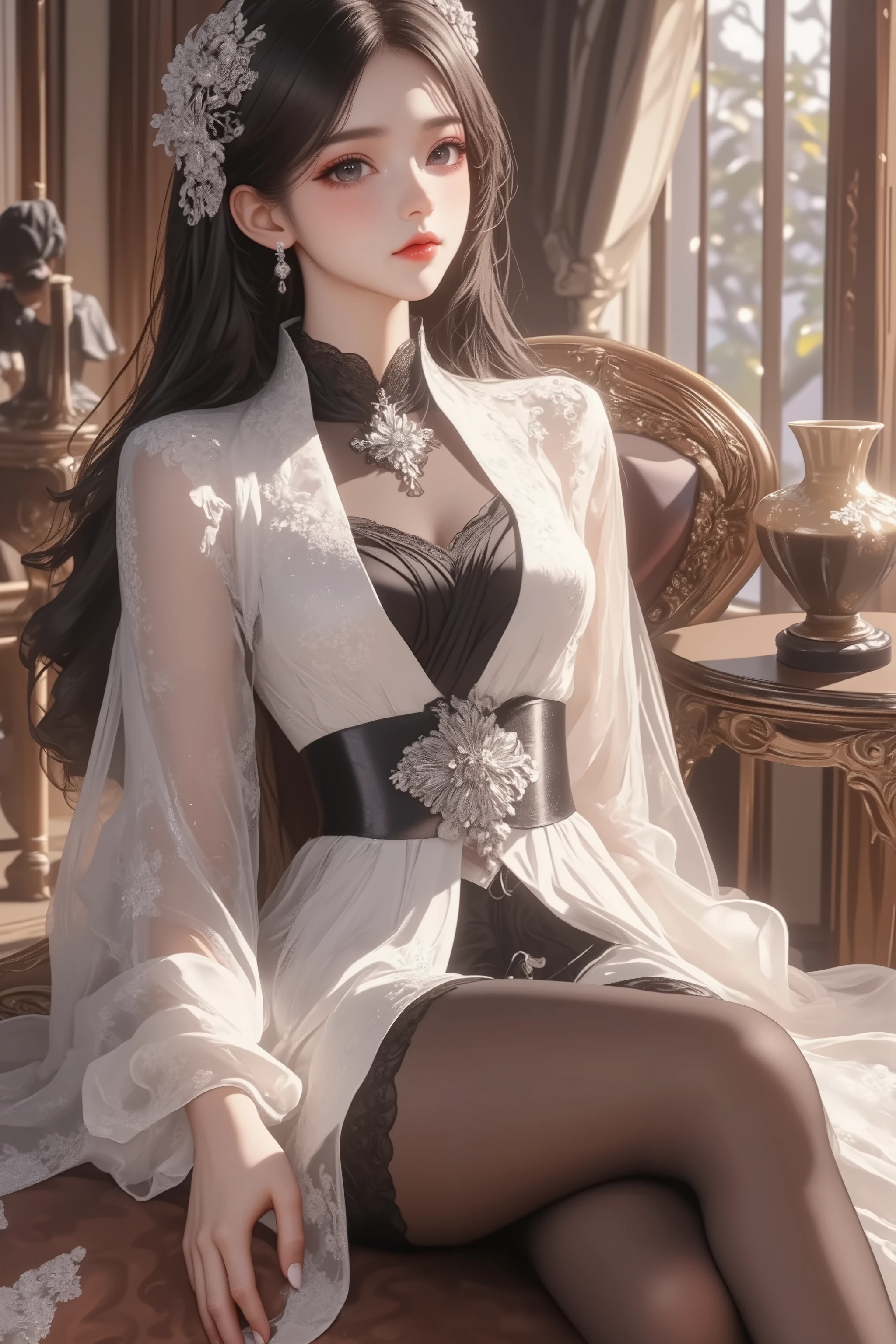 masterpiece, 8k, best quality, extremely detailed, apartment, realistic, mature, black tea, very long hair, black eyes, black hair, happy, chinese clothes, high heels, black pantyhose