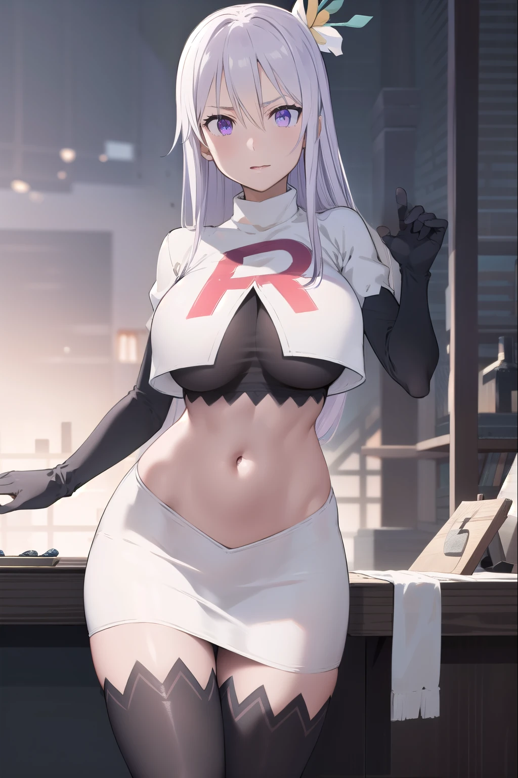 masterpiece,high quality,1girls, large breasts,plmtazln,team rocket,team rocket uniform,white skirt,red letter R,crop top,black thigh-highs,black elbow gloves