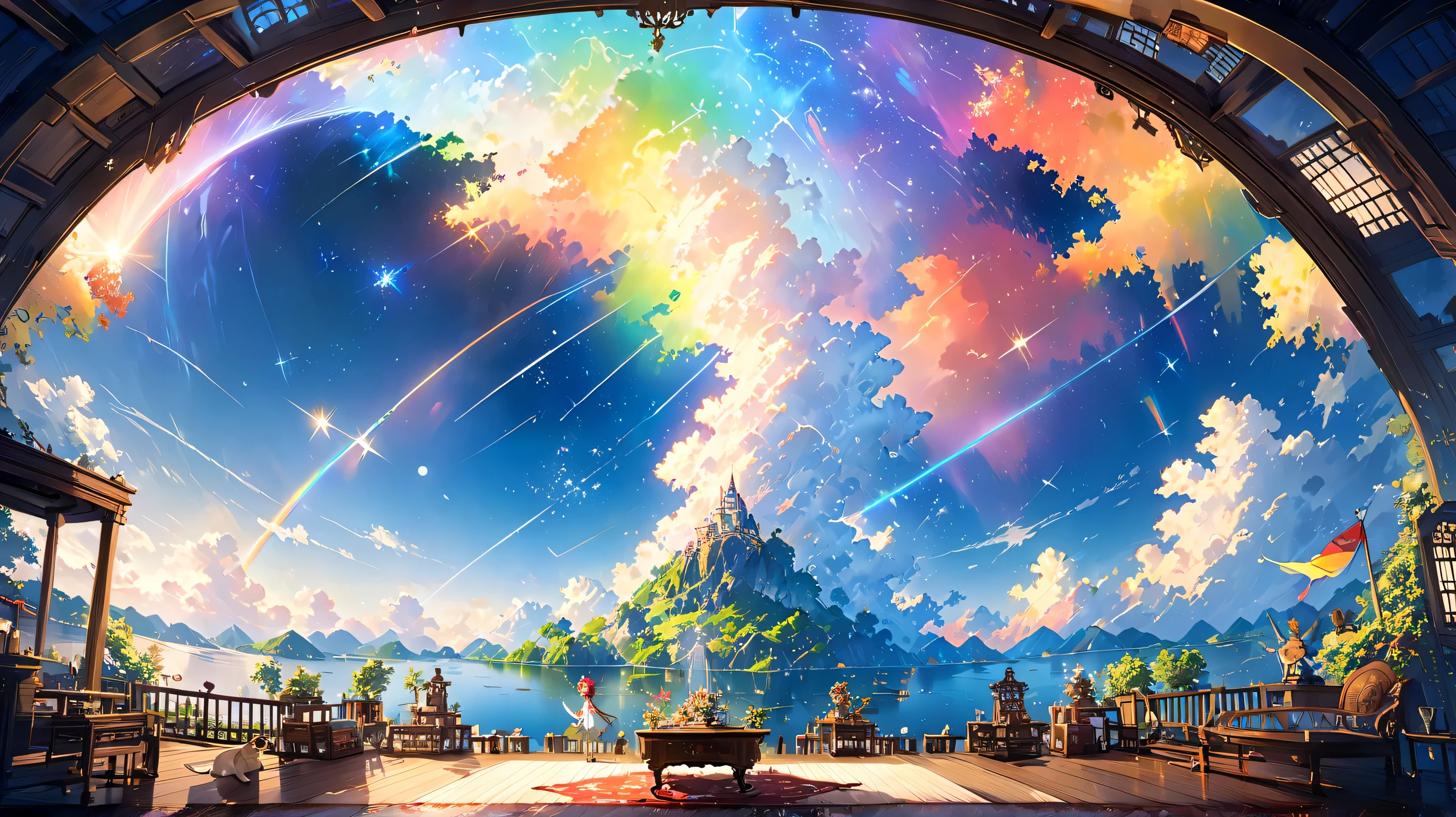 (8k、 RAW Photo 、 top quality、 looks up、Genuineistic、 ultra high resolution、 high contrast、 photon mapping to viewers、Genuine、 very detailed、 Official Art, RAW Photo 、professional lighting、 light、Vivid atmosphere、2 degrees of light ) ( in the seat),(1 white kitten), Morning sun shines in、Airship on antique desk's VIP room、The world map expands。Use the compass、Check the direction to your destination、Girl and white kitten、 I feel hopeful , joy, I also feel uneasy .。 The outside world seen from the VIP room 、Stars in the night sky々々And the Milky Way shines、 The ancient city appears in the air like heat.、On the ground、 Surrounded by greenery 、 a medieval Roman city-state on the lakeside 、 Castle in the Clouds 。 Ambience that exudes the excitement of adventure 。 High Fantasy Worldview , beautiful depiction of spectacular composition and proportions , Guardian nebula of rainbow light and silvery vapor, Corrosion Surrounding Light Family Color , Slimy air,
