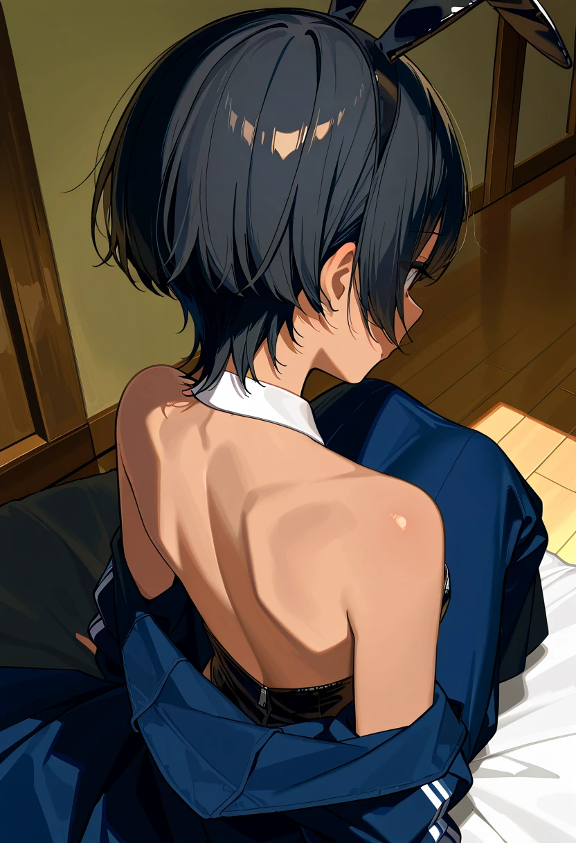 bedroom、 girl{ black hair、 short hair(Long pile 、Long nape)、 slender、 small tits、 tan跡、Dark Skin、 tan、 bunny suit、}、