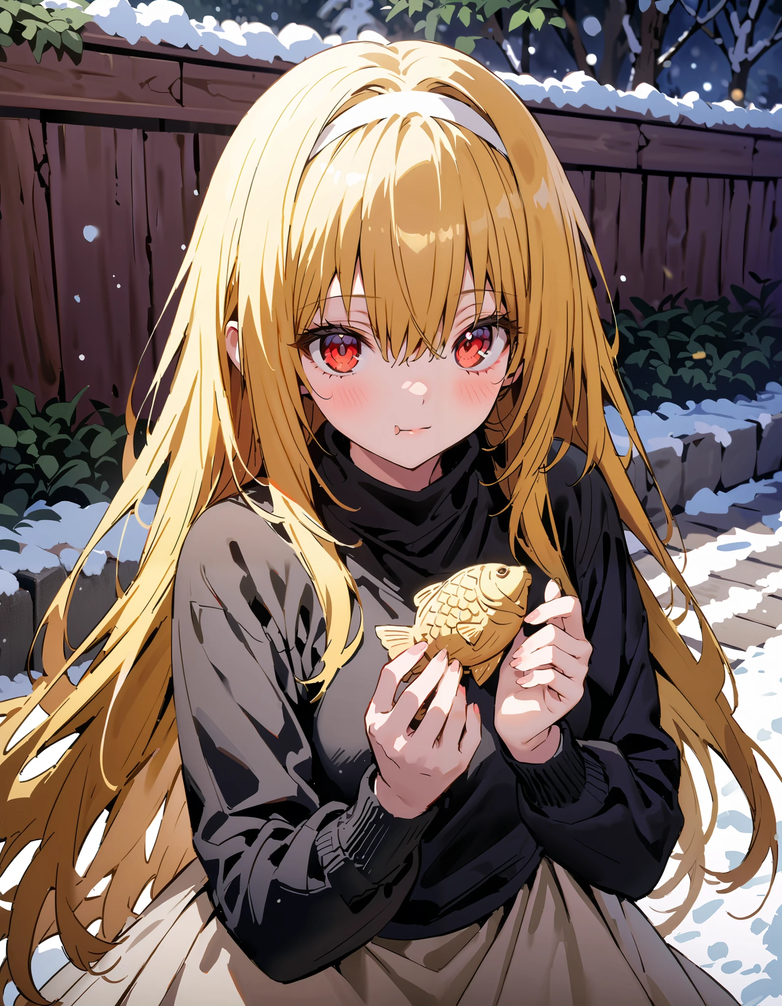 toloverudarkness, darkness, yellow hair, long hair, red eyes , Hair Ornament,White hair band ,White muffler, black down coat ,( sweater :1.2),( turtleneck:1.2), white long skirt, boots,Walking around eating with taiyaki in one hand,Eating taiyaki ,snow,whole bodyがイラストに入るように,
break outdoors, garden,
break looking at viewer,whole body,
break ( Masterpiece:1.2), top quality , kampala, Unity 8k Wallpaper,(shape:0.8),( fine, beautiful eyes :1.6),It's a person ,whole body写真,CG Details , ( perfect hands, Complete Anatomy),
