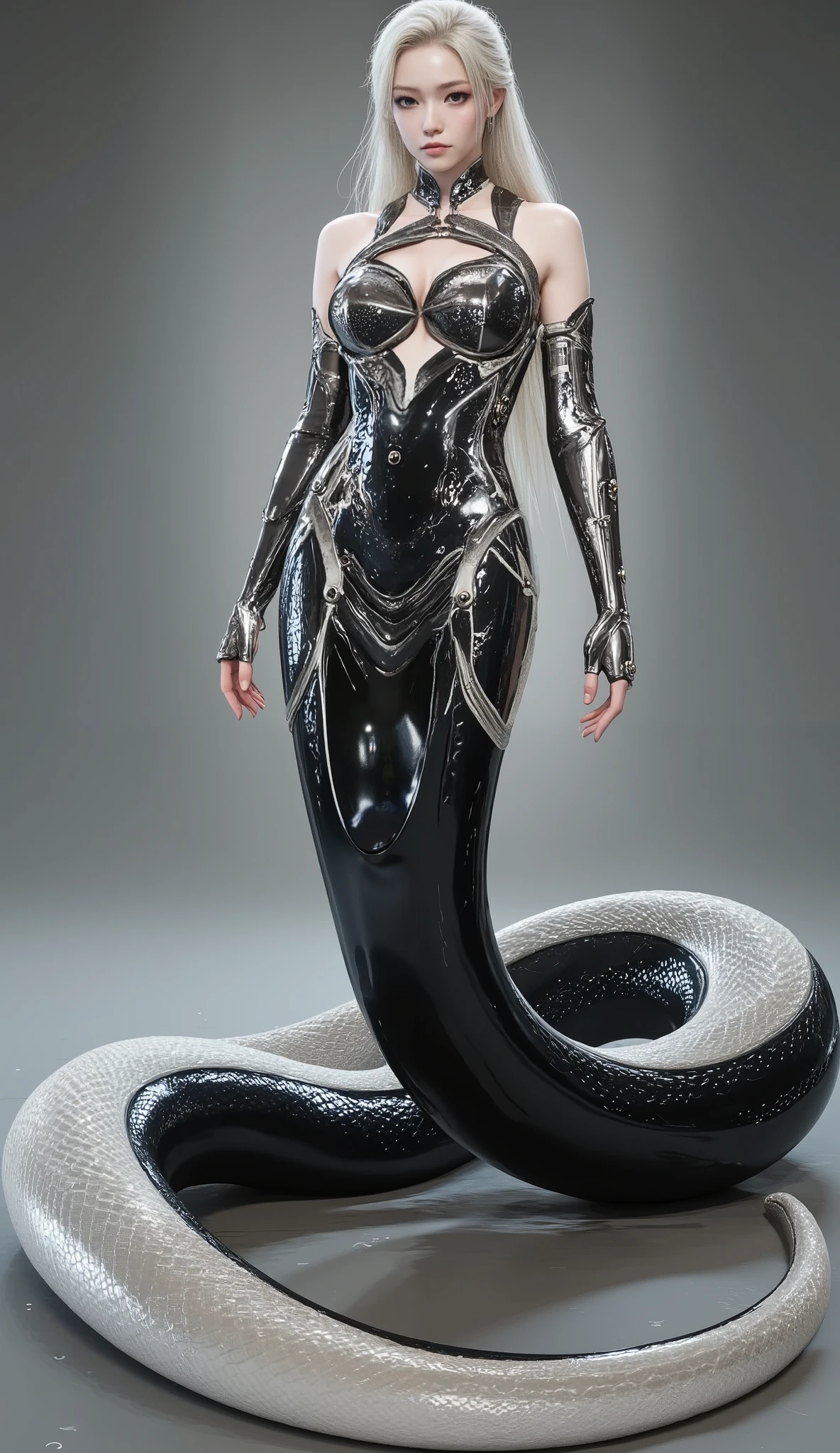 Snake Woman.a female character with a serpent-like lower body.Her upper body is human, but her lower body is serpent-like.a stunning cyberpunk female character with an elongated snake tail (1.3), mechanical snakes intertwined with her form, sci-fi ambiance, HDR (High Dynamic Range), Ray Tracing, rendered with NVIDIA RTX, Hyper-Resolution, Unreal Engine 5. Her body is perfectly proportioned with a blend of organic and mechanical elements. The scene is enriched with Subsurface Scattering and PBR Textures, featuring intricate post-processing effects. Anisotropy Filtering is applied to create a sharp, clear image with maximum definition. Depth of field emphasizes her futuristic features. Textures are layered with Albedo and Specular maps, surface coloring reflecting accurate light-material interactions. Two-colored lighting casts dynamic shadows. Low ISO, balanced white, perfect rule of thirds composition. Rendered in Octane for ultimate detail, 8K resolution raw data."