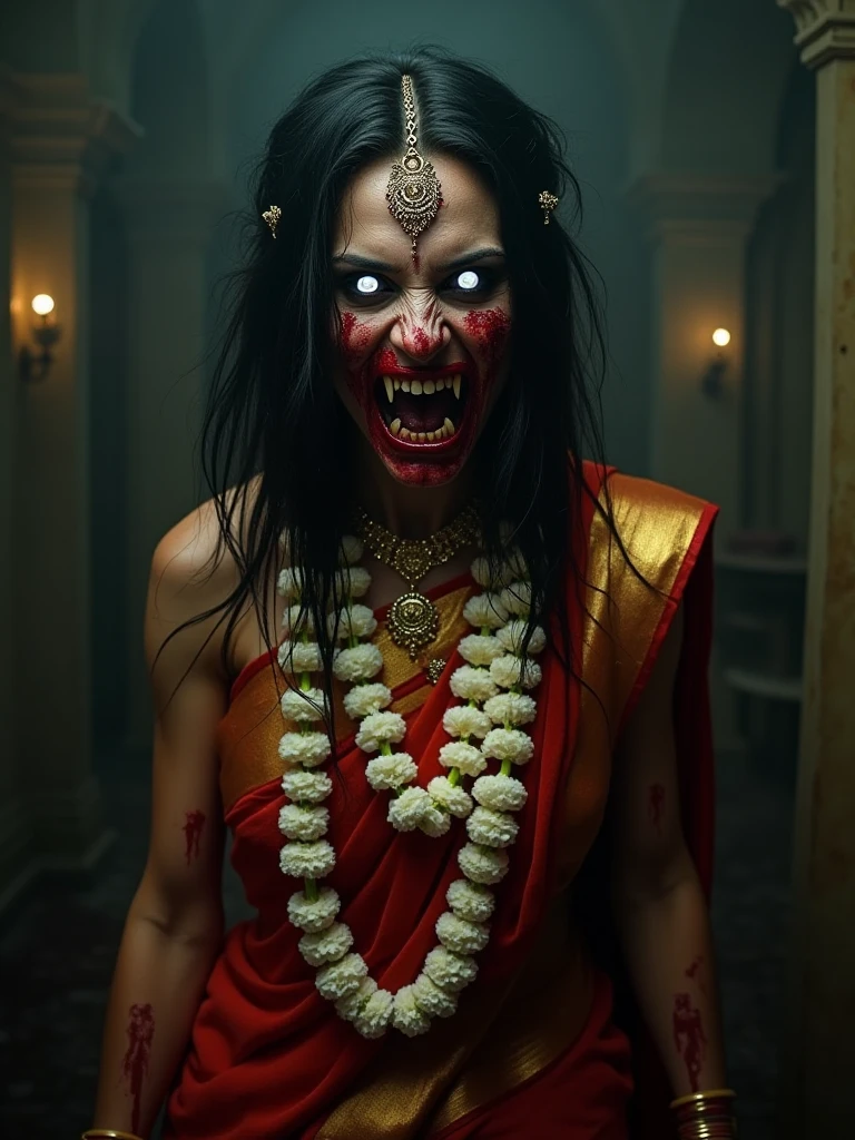 frightening, demonic-looking character with exaggerated features, including glowing eyes, sharp teeth, and blood-stained face. The character is wearing traditional attire and jewelry, adding to the eerie effect.