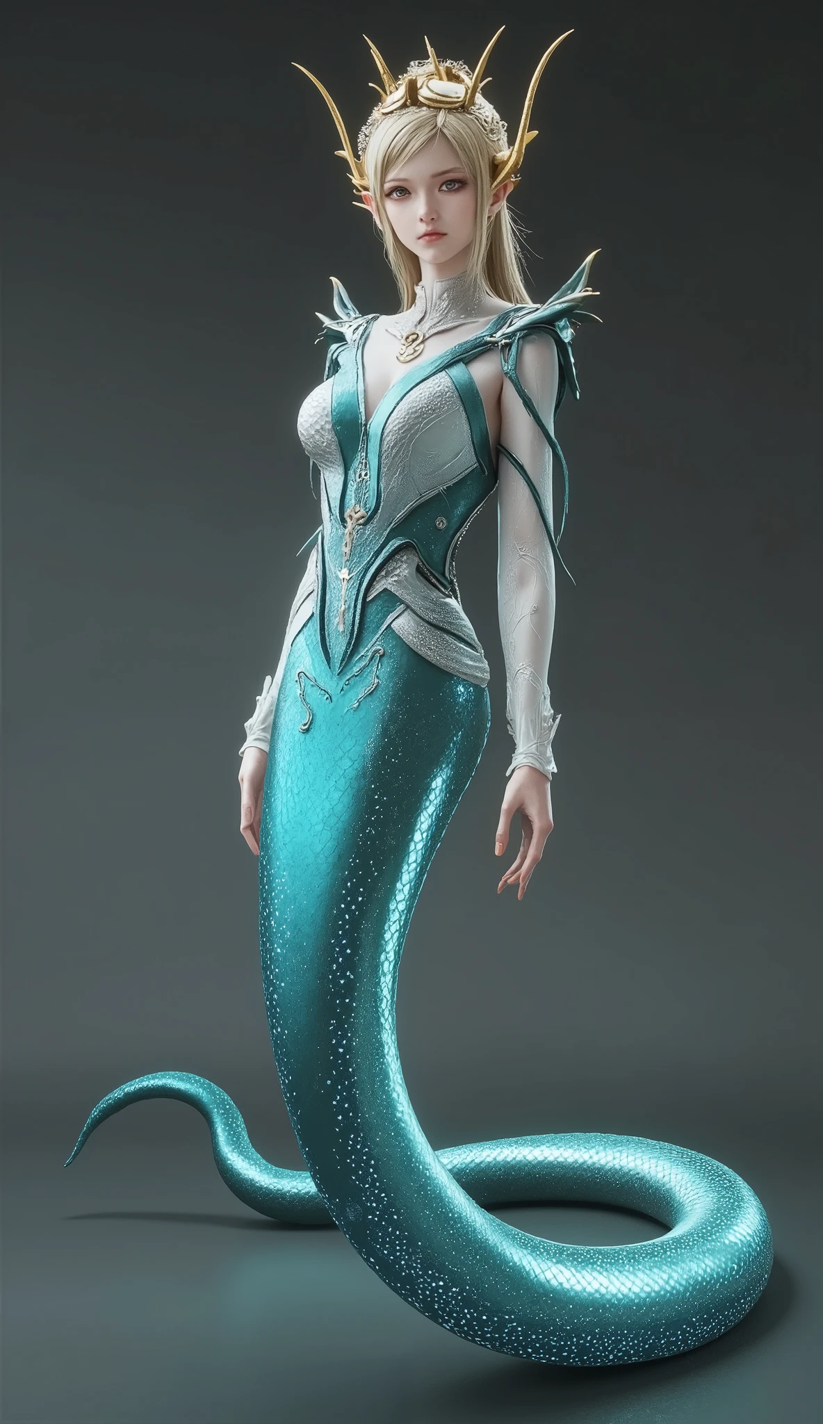 Snake Woman.a female character with a serpent-like lower body.Her upper body is human, but her lower body is serpent-like.A stunning Lamia with a slender, long snake tail , the body of a graceful, beautiful elf girl. She has long, flowing hair and exquisite, radiant eyes that captivate with their depth. Her delicate face is framed by smooth, luminous skin, gleaming softly under a magical glow. Her hands are finely detailed, each finger perfectly shaped with remarkable realism. The snake scales on her tail shimmer with a glittering, iridescent sheen, adding a mystical allure. High resolution, fine detailing, lifelike , and transparent elements add to the fantasy atmosphere. Full-body shot, captured in vivid detail, showcasing every curve and intricate feature with ethereal elegance.