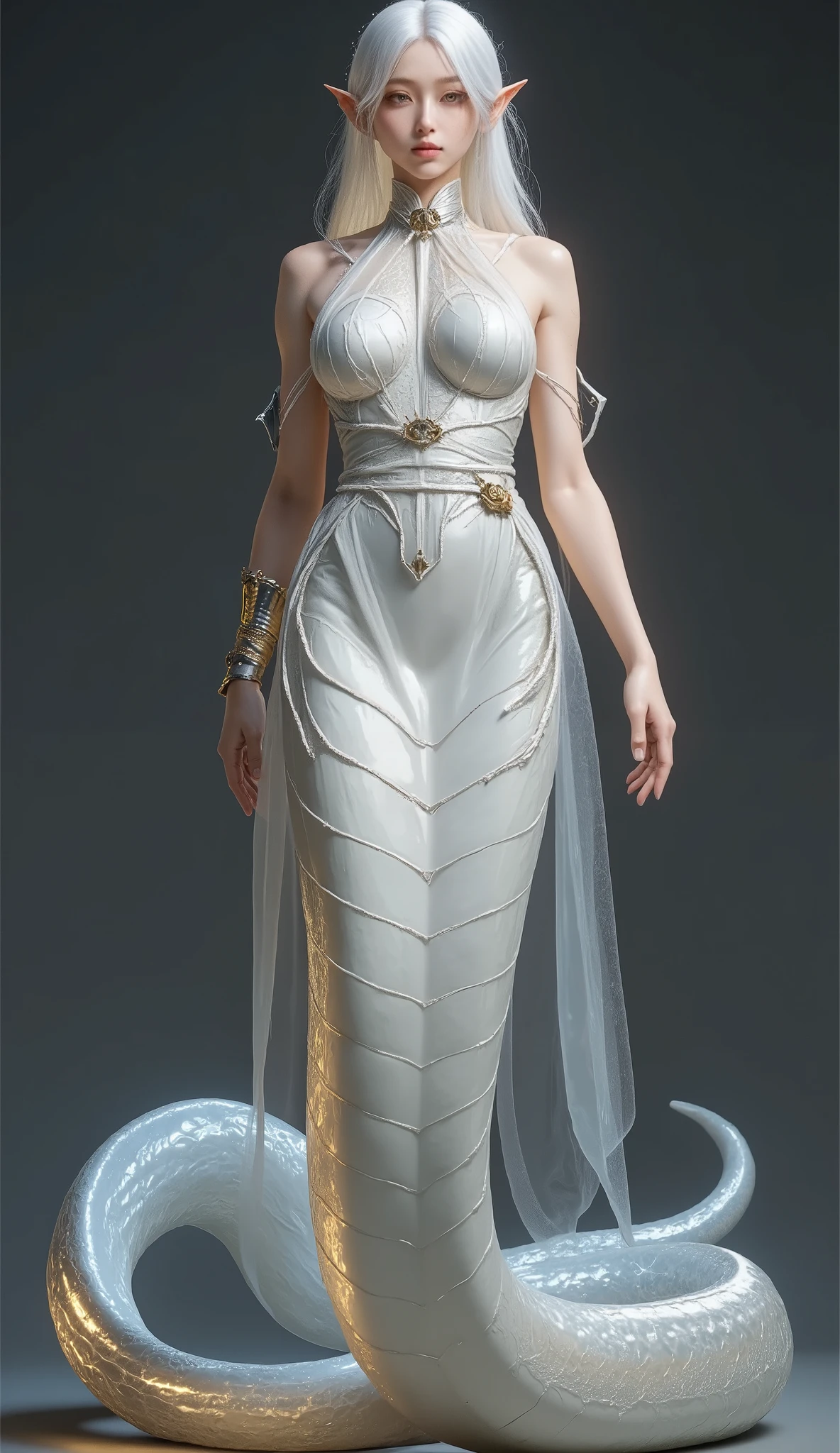 Snake Woman.a female character with a serpent-like lower body.Her upper body is human, but her lower body is serpent-like.A stunning Lamia with a slender, long snake tail , the body of a graceful, beautiful elf girl. She has long, flowing hair and exquisite, radiant eyes that captivate with their depth. Her delicate face is framed by smooth, luminous skin, gleaming softly under a magical glow. Her hands are finely detailed, each finger perfectly shaped with remarkable realism. The snake scales on her tail shimmer with a glittering, iridescent sheen, adding a mystical allure. High resolution, fine detailing, lifelike , and transparent elements add to the fantasy atmosphere. Full-body shot, captured in vivid detail, showcasing every curve and intricate feature with ethereal elegance.