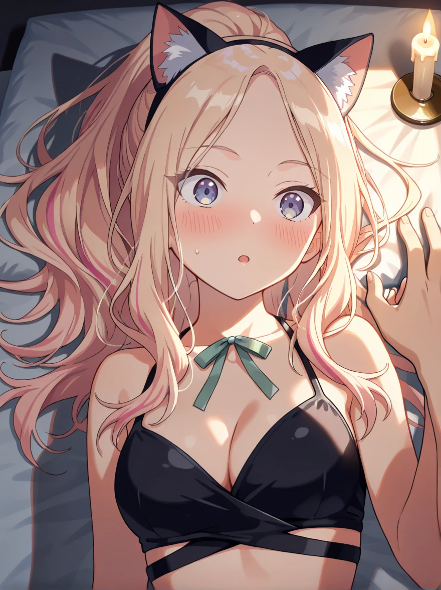 masterpiece, {{{{Highest quality}}}}, beautiful,NSFW,1 girl, cat girl, blonde_hair, cat ears(blonde), cat tail(blonde) ,{{{underwear only}}}, {{{bow bra(pink)}}},{{{bow panties(pink)}}}, lace-trimmed bra(black), lace-trimmed panties(black), lace trim, a choker、{{{{bra_lift}}}}, selfee、piece、taking a picture of oneself (esp. with cellphone camera), self_shot