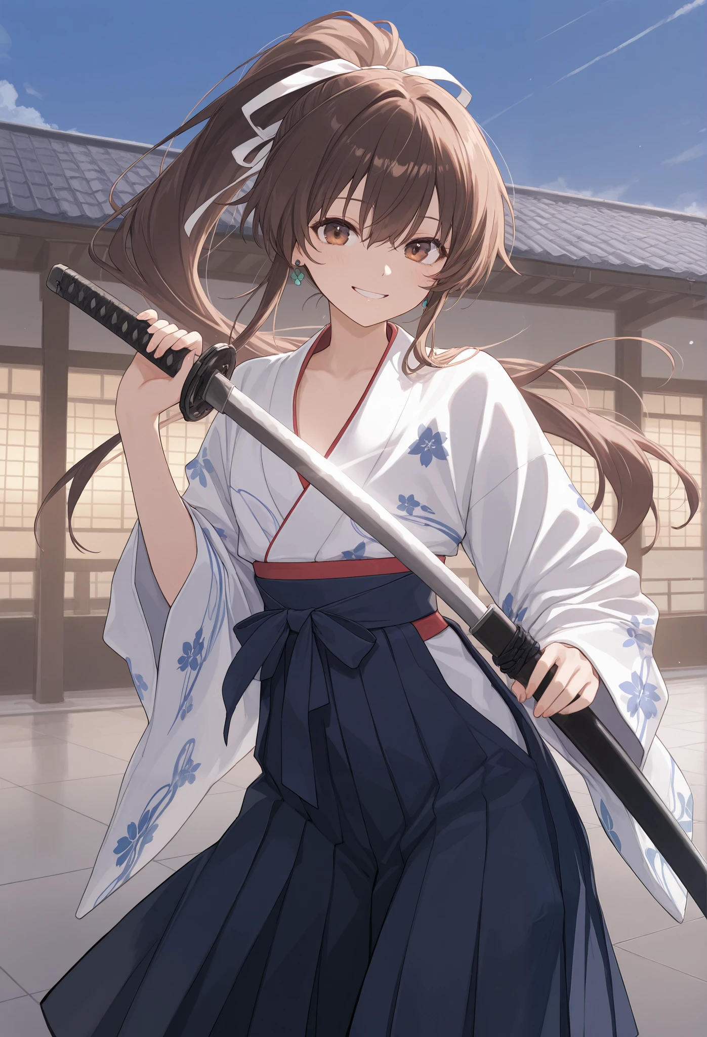 {{{masterpiece}}}, {{{best quality}}}, {{ultra-detailed}}, {illustration}, {{an extremely delicate and beautiful}},{smile}
kimono,Hakama, ponytail on panty,Brown dark hair , big ribbon, High School Girls with Swords ,, middle size chest, earrings,{{ big Japanese sword}}},「 Warrior attacking with a sword 」
「 holds a sword and launches an attack 」
{ building roof},{ skyscrapers}
