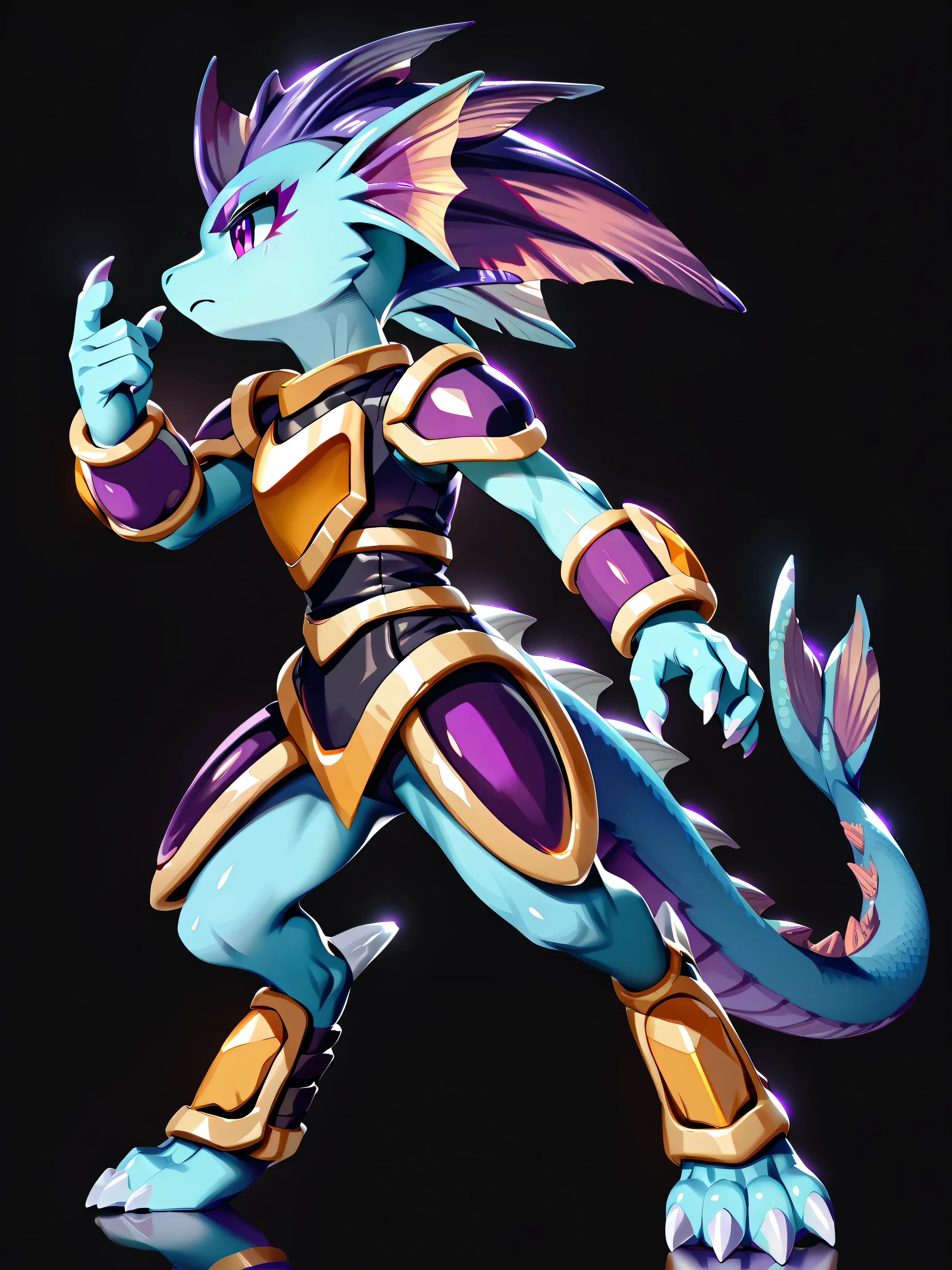 Anime, ((anime style)), warrior build, ((safe for work version:1.5)), solo drawing, solo, ((Solid Black Background)), ((running)), ((vivid purple eyes)), ((sharp draconic ear spines)), ((sharp purple head spines)), ((small purple fins)), ((tall figure)), ((digitigrade legs)), ((digitigrade feet)), ((highly detailed anime style)), ((black and gold armor)), clean anime style lines, claws, Merga from freedom planet 2, female, blue skin, white claws, short muzzle, ((leg armor)), ((ankle guards)), ((stern expression)), black leggings under armor, light armor