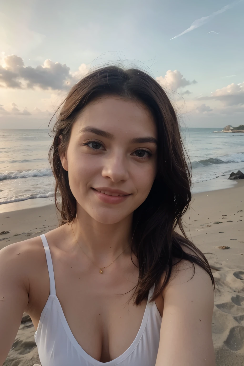 ((selfie sozinha na praia, Qualidade Superior, 8k, Obra-Prima: 1.3)), 1 , Mulher Bonita com Abdominais Esguios: 1.3, (Cabelo Branco Ted, Pequeno: 1.3), Calcinha de Corda, brassier: 1.2, No Straps, Seductive open lip, praia, Rosto Ultra Detalhado, Olhos Detalhados, 二重まぶた,