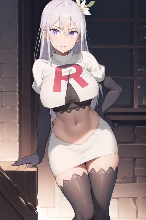 (masterpiece, best quality:1.2),illustration,8k,hd,1girl,solo,large_breasts,long_hair,hairband,bangs,purple_eyes,black_hairband,grey_hair,maid,jewelry,white_hair,pink_eyes,team rocket,team rocket uniform,white skirt,red letter R,crop top,black thigh-highs,black elbow gloves