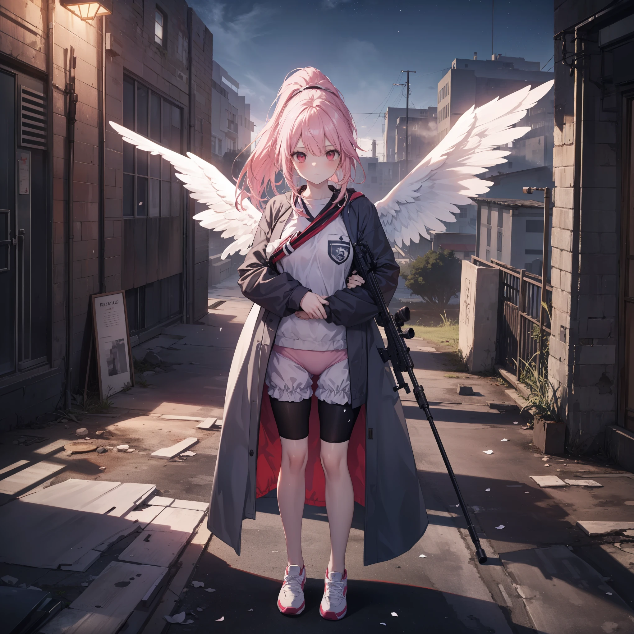 High image quality, masterpiece, best quality,
delicate hair, delicate eyes,
(pale pink hair, ponytail), (small breasts), (red eyes, angel wings)), angelic girl hugging a sniper rifle as tall as herself,
full body depiction,
((a pale-pink-themed angelic girl hugging a sniper rifle as tall as herself)),
((wearing a gym uniform with bloomers under a gray robe)),
on the rooftop of an abandoned building at night,
intense shadows, ruins, ultra-detailed, photorealistic, HD