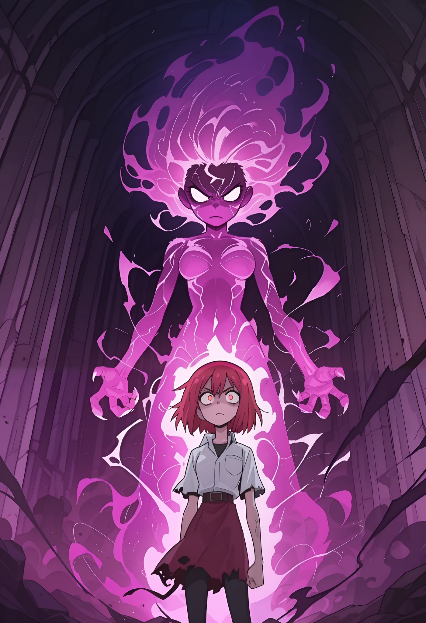 masterpiece, best quality, amazing quality, anime screencap. BREAK. angry woman, intense glare, closed mouth, fierce expression, purple aura, energy expansion, torn clothing, powerful presence, glowing aura, mystical energy, veins popping, dramatic lighting, fantasy style, supernatural power, strong female, battle-ready, determined look, ethereal glow, dark atmosphere