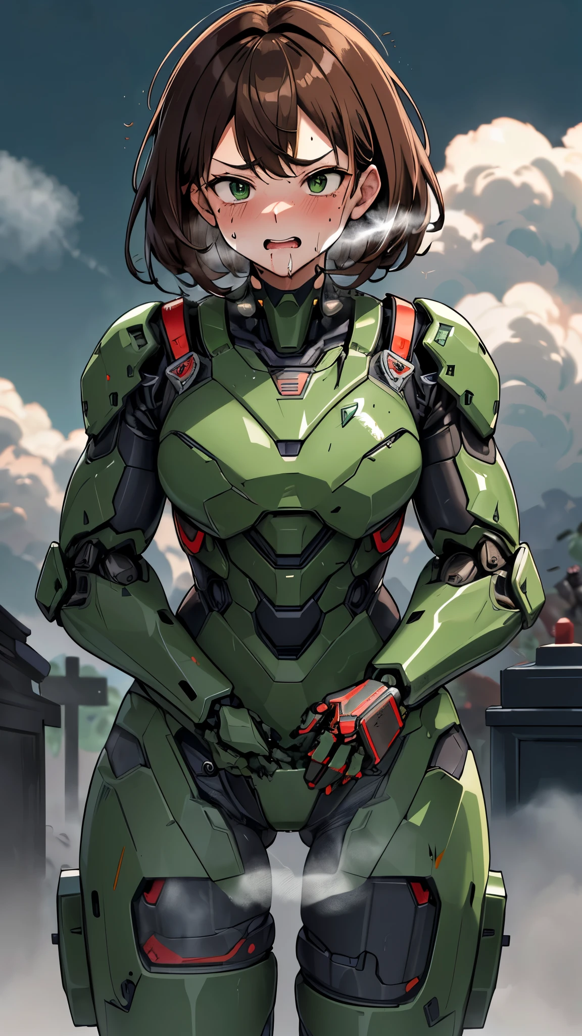 , very well detailed , Cemetery details , high image quality , 最 high image quality , kampala, 1080P 、 smoke coming out of the wound green armor 、 Steam comes out 、 cute((全身のSerious damage))( injured woman wearing a robot suit ...) smoke coming out of the wound ) Unkempt brown hair full turn wet hair 、 open your mouth 、(Wear a robot suit for women が上がる)Sweaty face Serious damage、 ( steam coming out of my face ) ((Wear a robot suit for women )) wearing a damaged robot suit for women