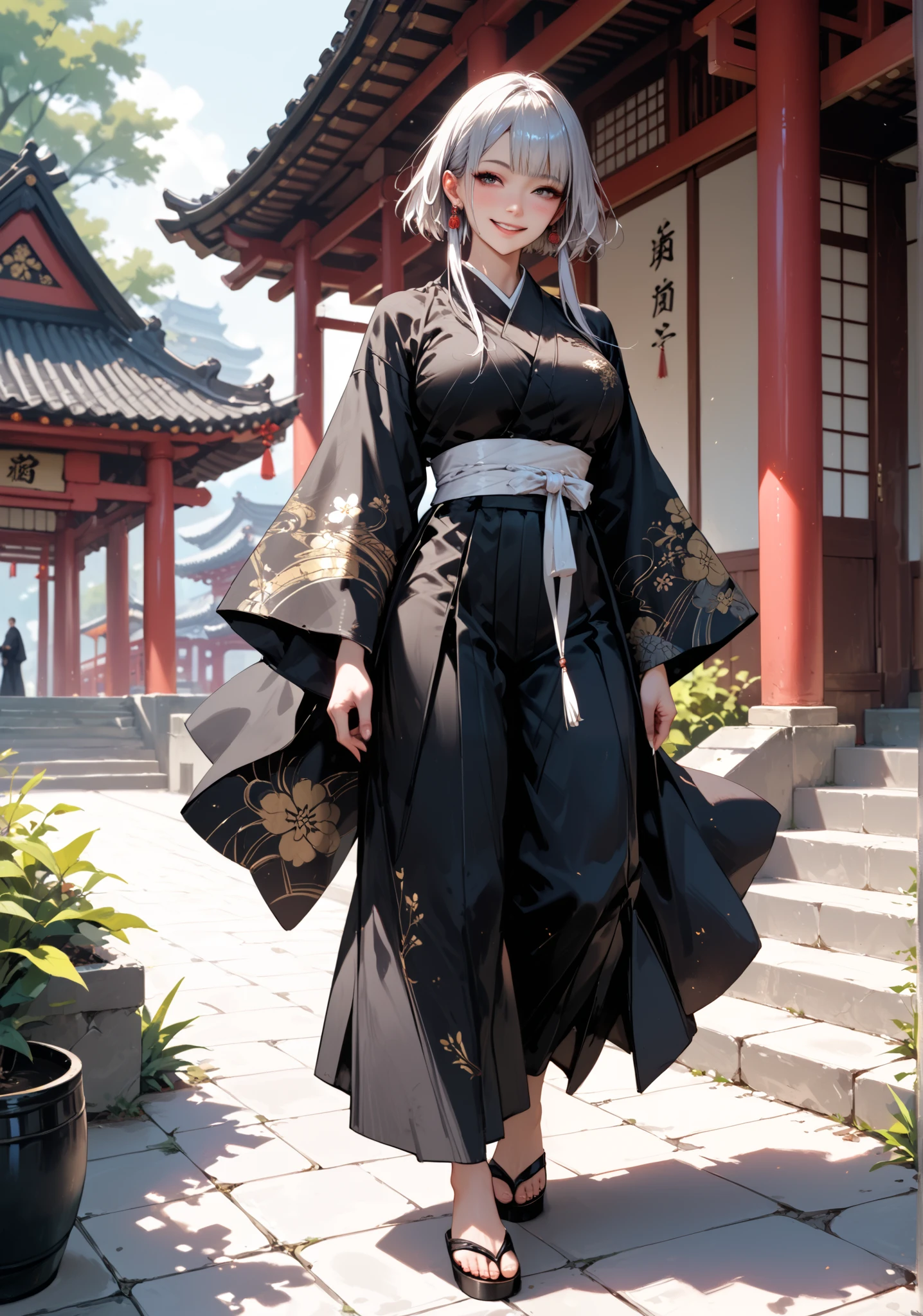 masterpiece, best quality, 1girl, solo, is4ne, silver hair, short hair with long locks, black eyes, earrings, black kimono, wide sleeves, white sash, black hakama, full body, arms behind back, smile, looking at viewer, furrowed brow, blush, pigeon-toed, east asian architecture, large breasts