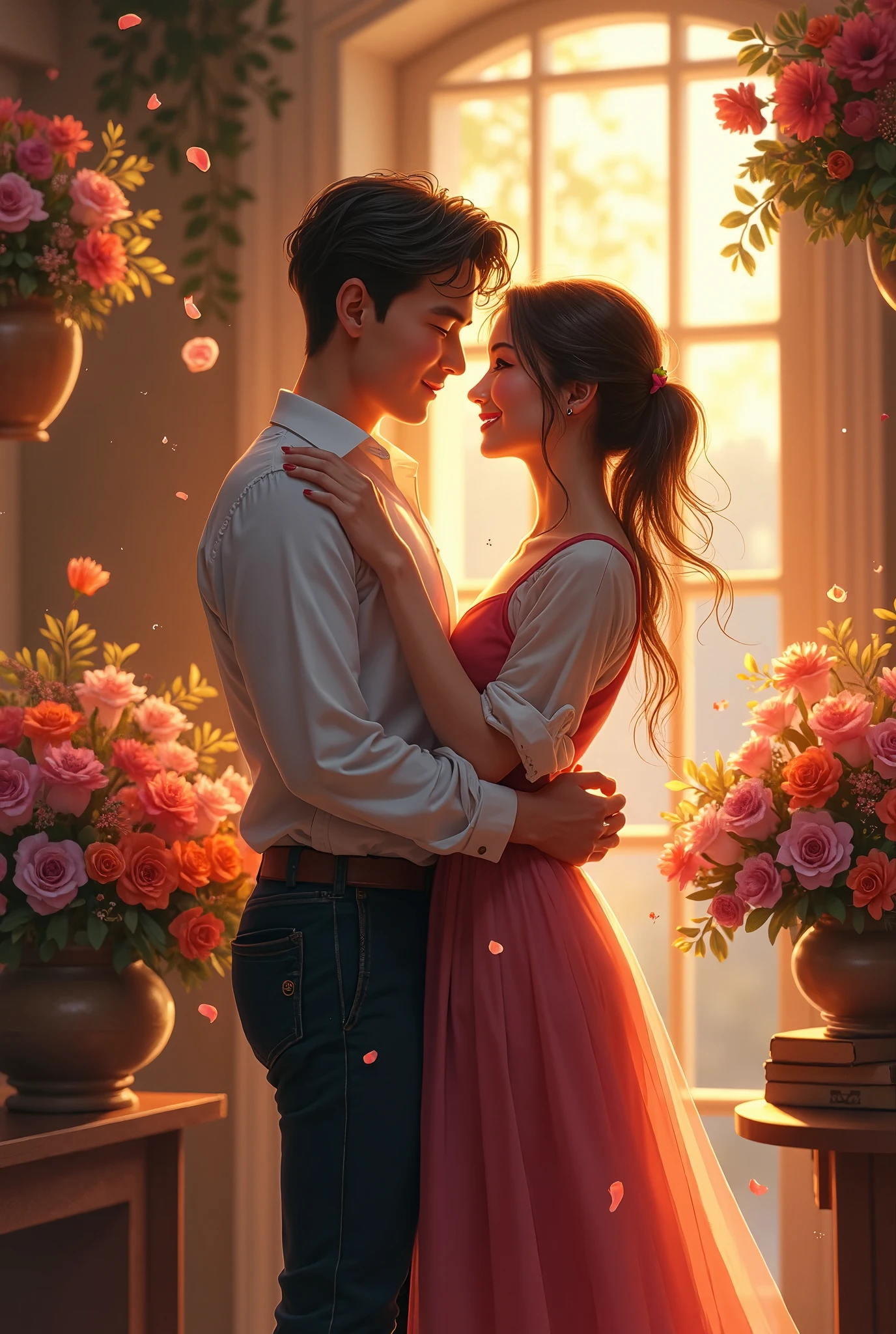 There is a man and woman standing in front of a window - SeaArt AI