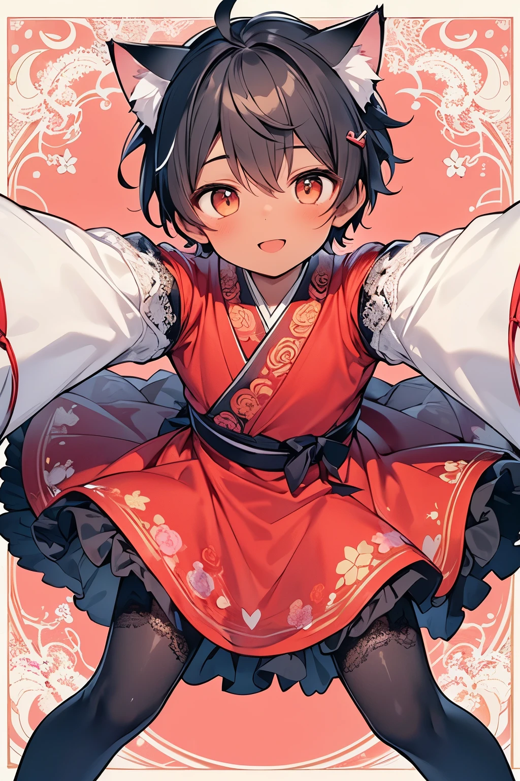 ((1-boy :1.3)),((handsome Gay:1.2)),(( An Adult Man :1.15)), open your mouth wide and smile,short Karl hair,Red hair,(lace pattern background:1.25),Red,yellow,purple,((dark skin body:1.5)), shiny ,((top view:1.0)),(open arms for viewer:1.15),((coralpink japanese style dress:1.1)),(black and white voluminous dress with frills and lace:1.15),((volume breeches:1.1)),((lace Headdress:1.0)),(gorgeous hairpin:1.0),((lace-topped stockings:1.2)),((cat ears:1.1))