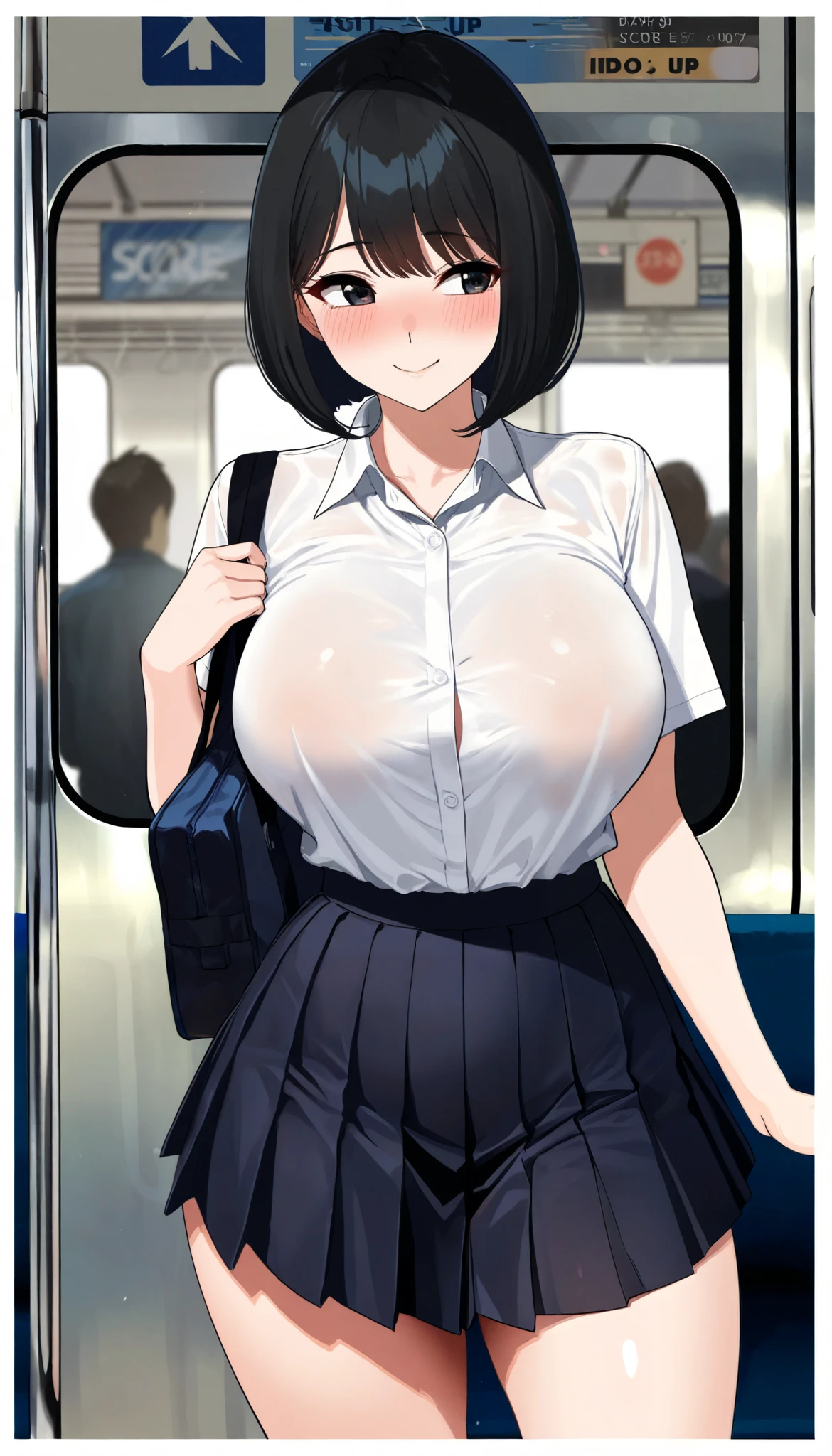 (best quality, highest quality:1.2), masterpiece, top quality, ultra high definition, rich contrasts, HD,8k, High Definition CG Unit Wallpaper, texture , Unbelievably Absurd, ultra high definition, RAW photos ,Deep border 1 .2, very detailed, spread legs, public indecency, on the train, Commuting to school, standing, looking at another,
(girl:1.3), 1girl, solo, see through white shirt, pleated skirt, no bra, areola,
dim body, curvy, no curves, narrow hips, black hair, bob cut, smile, blush, Embarrassed,
