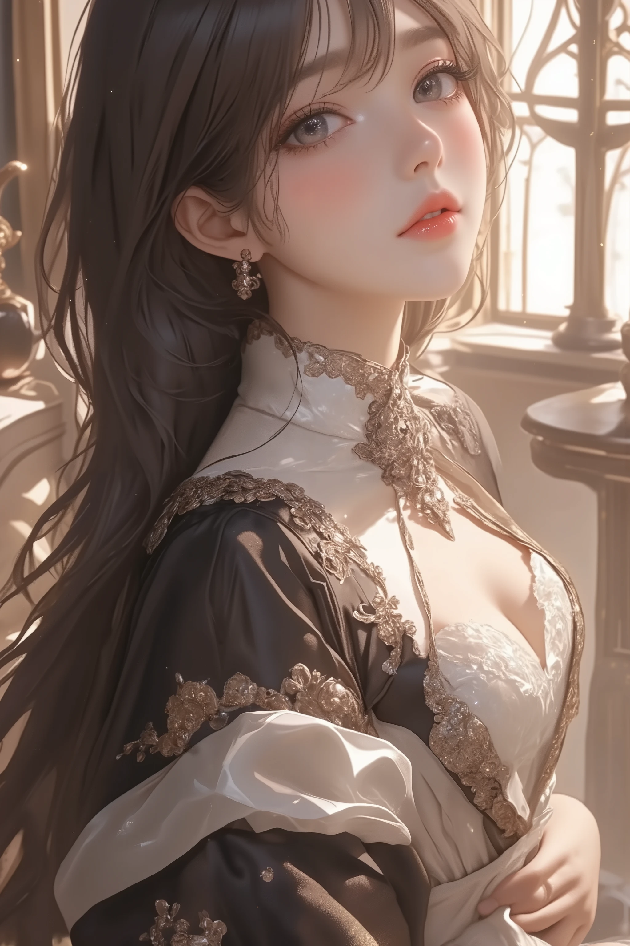 masterpiece, 8k, best quality, extremely detailed, apartment, realistic, mature, black tea, very long hair, black eyes, black hair, happy, chinese clothes, high heels, black pantyhose