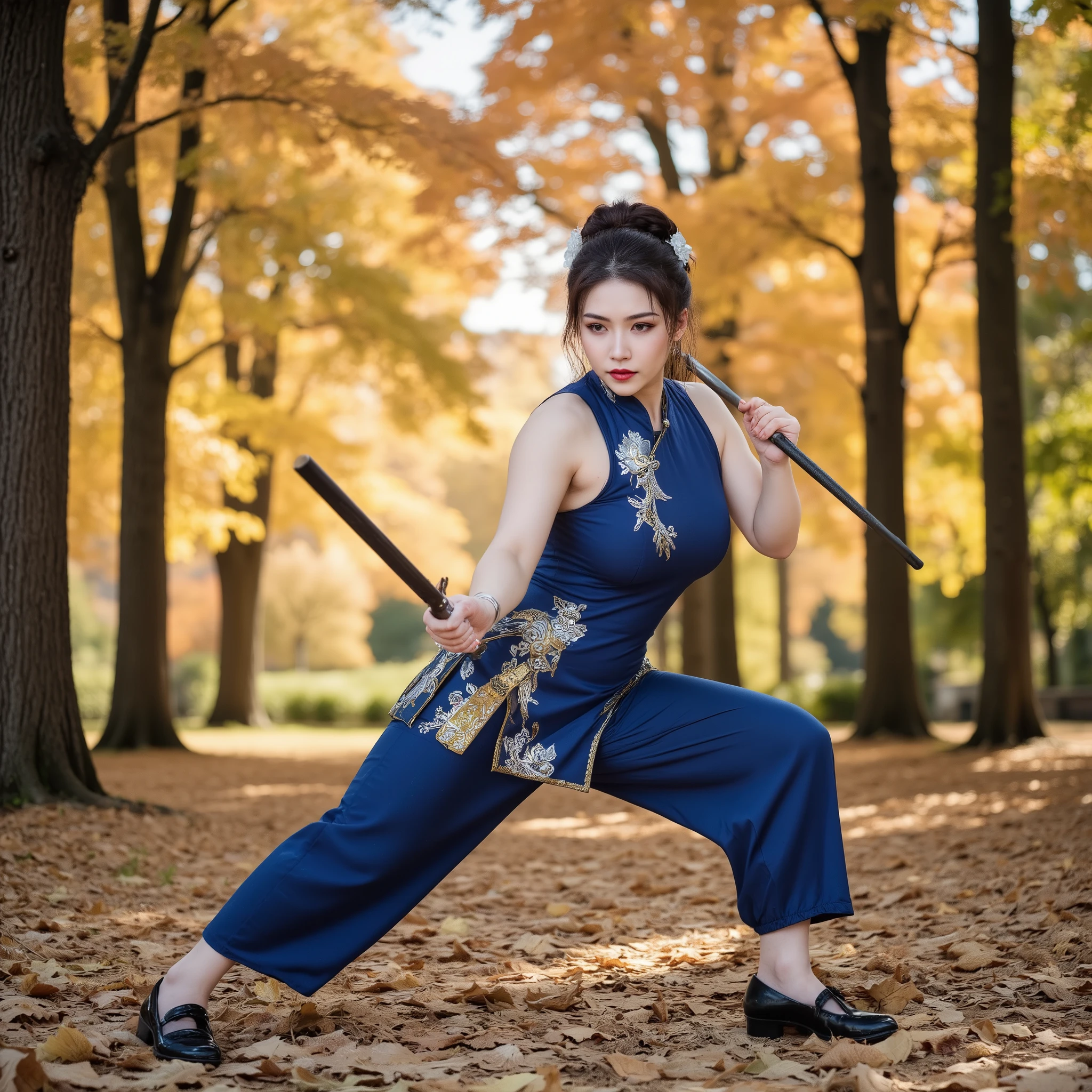 A professional photograph of a young woman posing in a traditional oriental outfit in an autumn park. She has an athletic physique, fair skin, and dark brown hair styled in a neat bun adorned with a delicate white accessory. She is wearing a qipao in deep blue with golden and silver floral accents, perfectly fitted to highlight her movement. She holds a pair of fantasy-inspired weapons in her hands, adding a dynamic and fierce element to her look. Her pose is dramatic and action-packed, with one leg fully extended forward and her torso leaning low, exuding a sense of balance and power. One arm is stretched out defensively while the other is ready for attack, creating a captivating sense of motion. Her expression is focused and intense, complementing the energy of her pose. The background is a vibrant autumn park, featuring tall trees with golden leaves and a ground blanketed in fallen foliage. The natural scenery contrasts beautifully with her bold and dynamic pose. The lighting is soft and natural, with sunlight filtering through the trees, casting warm, golden tones across the scene. The colors are vivid, with the deep blue of her qipao standing out against the yellow and brown hues of the background. The shallow depth of field blurs the background slightly, emphasizing the model and her dynamic action. The overall effect is cinematic, hyper-realistic, and evokes a sense of elegance and strength in harmony with nature.