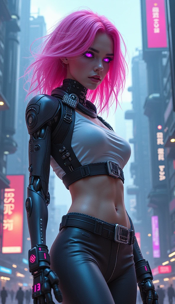 (8k, RAW photo, highest quality),(epic realistic:1.7), a girl,(erotic face:1.2),shirt,(detailed eyes:1.1),(looking at the camera:1.4), (highest quality), (best shadow),intricate details,cinematic,((skin:1.4)),interior, (long ponytail pink hair:1.2),dark studio,(hdr:1.7),detailed, muted colors, freckles, (best shadow:1.8), cyborg, (robotic white parts:1.3), robot, (luxurious cyberpunk:1.5), full body