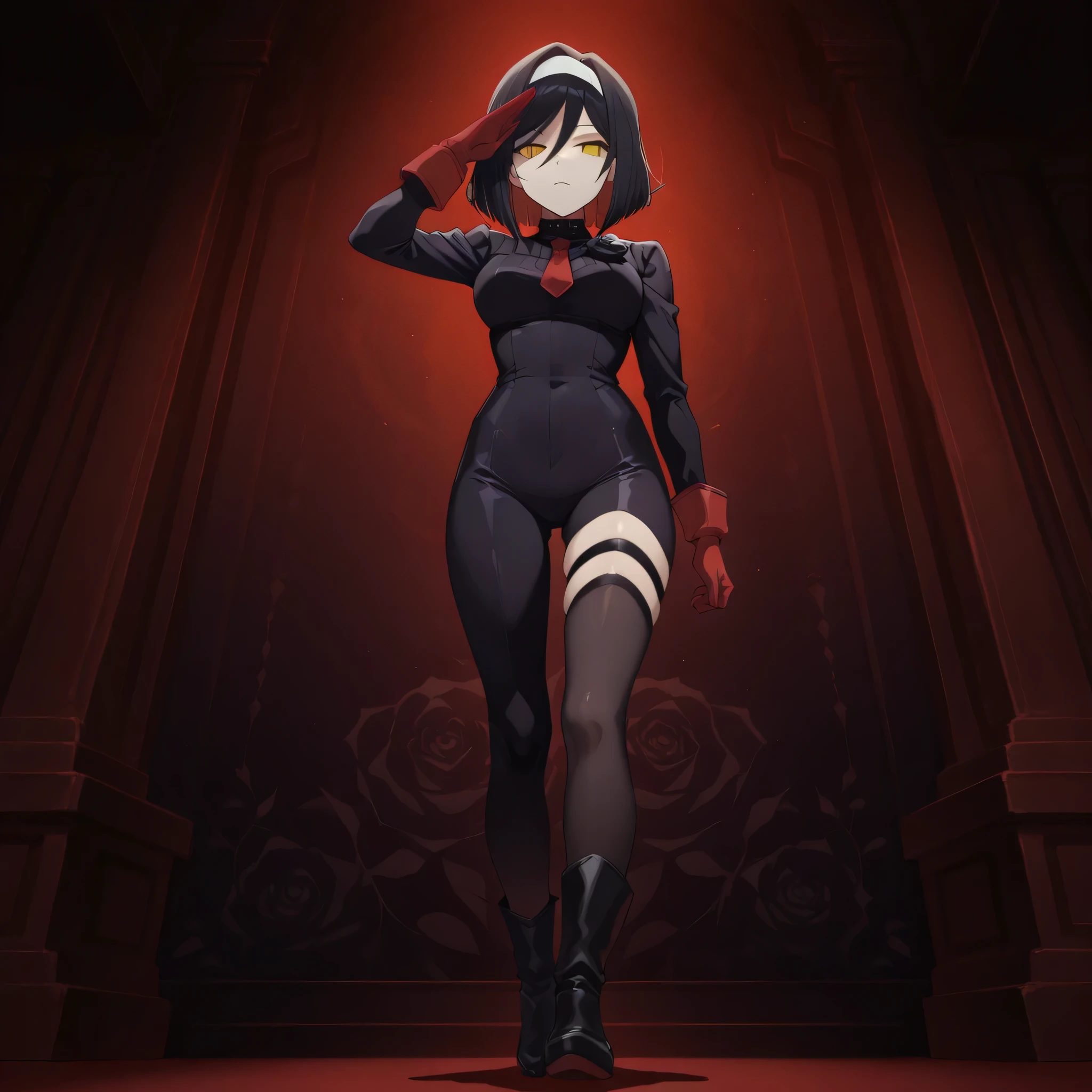 anime, (masterpiece), (best quality), (ultra-detailed), (best illustration), (best shadow), (absurdres), (detailed background), (very aesthetic), shiny, detailed beautiful eyes, outstanding, countershading, detailed soft lighting, an exquisite animation illustration, 1girl, solo, anheang, Dollsuit, thighthigh, dark persona, empty eyes, expressionless, blank eyes, looking at viewer, red gloves, full body, emotionless, Fighting Stance, hair ornament, submissive pose, seductive pose, medium hair, colored inner hair, yellow eyes, hairband, eyeliner, rose, black hair, light smile, rose background, salute, saluting, looking from below, view from below, from below, glowing eyes, dark theme