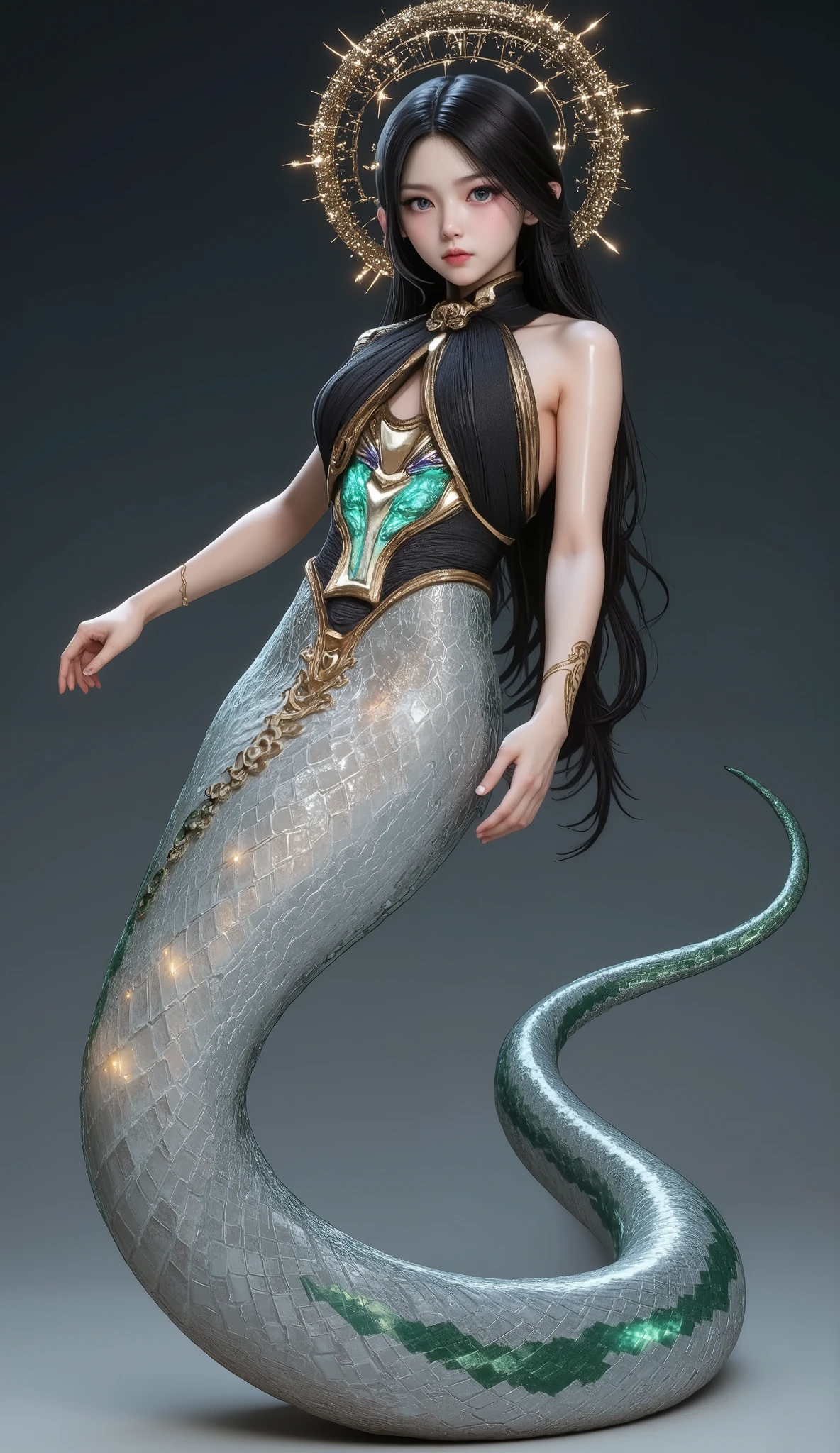 Snake Woman.a female character with a serpent-like lower body.Her upper body is human, but her lower body is serpent-like.A stunning Lamia with a slender, long snake tail , the body of a graceful, beautiful elf girl. She has long, flowing hair and exquisite, radiant eyes that captivate with their depth. Her delicate face is framed by smooth, luminous skin, gleaming softly under a magical glow. Her hands are finely detailed, each finger perfectly shaped with remarkable realism. The snake scales on her tail shimmer with a glittering, iridescent sheen, adding a mystical allure. High resolution, fine detailing, lifelike , and transparent elements add to the fantasy atmosphere. Full-body shot, captured in vivid detail, showcasing every curve and intricate feature with ethereal elegance.