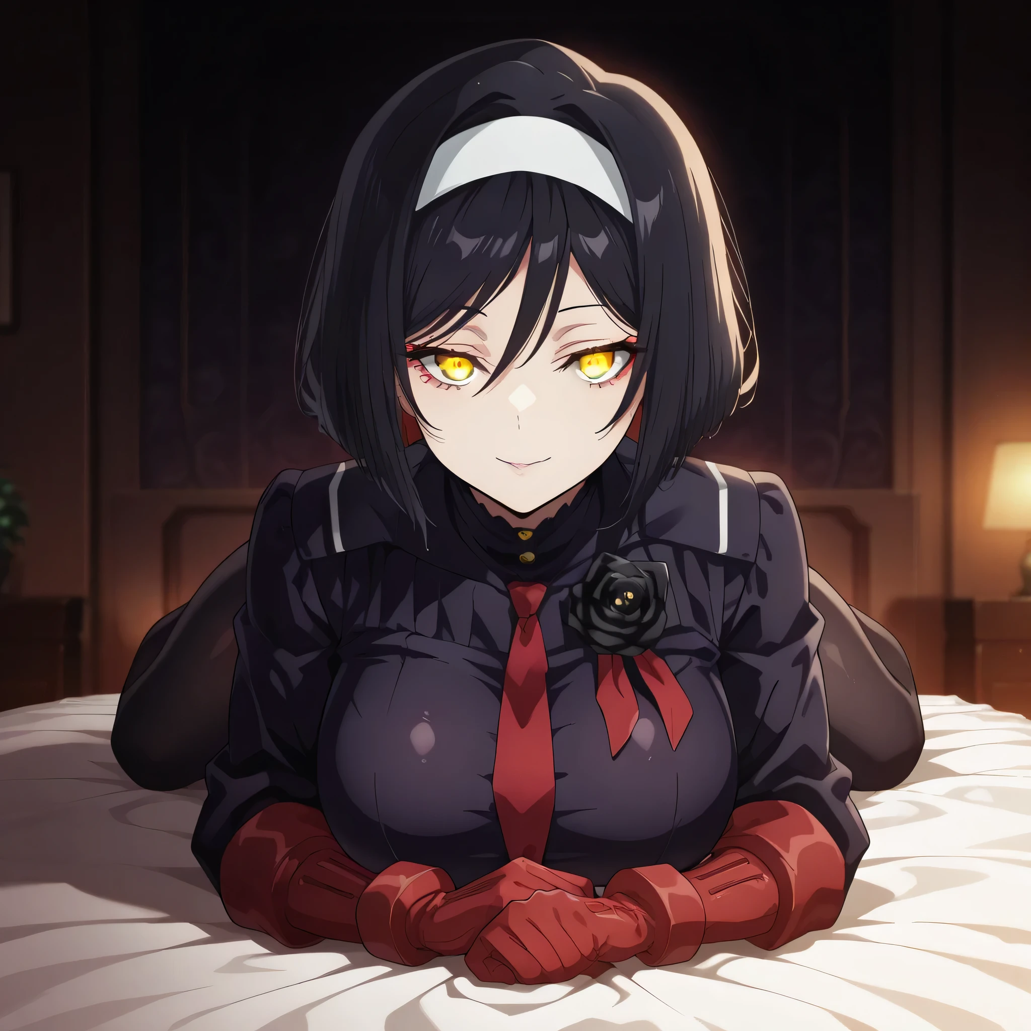 anime, (masterpiece), (best quality), (ultra-detailed), (best illustration), (best shadow), (absurdres), (detailed background), (very aesthetic), shiny, detailed beautiful eyes, outstanding, countershading, detailed soft lighting, an exquisite animation illustration, 1girl, solo, anheang, Dollsuit, thighthigh, dark persona, looking at viewer, red gloves, full body, Fighting Stance, hair ornament, submissive pose, seductive pose, large breast, huge breast, short hair, colored inner hair, yellow eyes, hairband, eyeliner, black rose, black hair, light smile, black rose background, glowing eyes, lying down on bed, lying down, seductive smile, bed