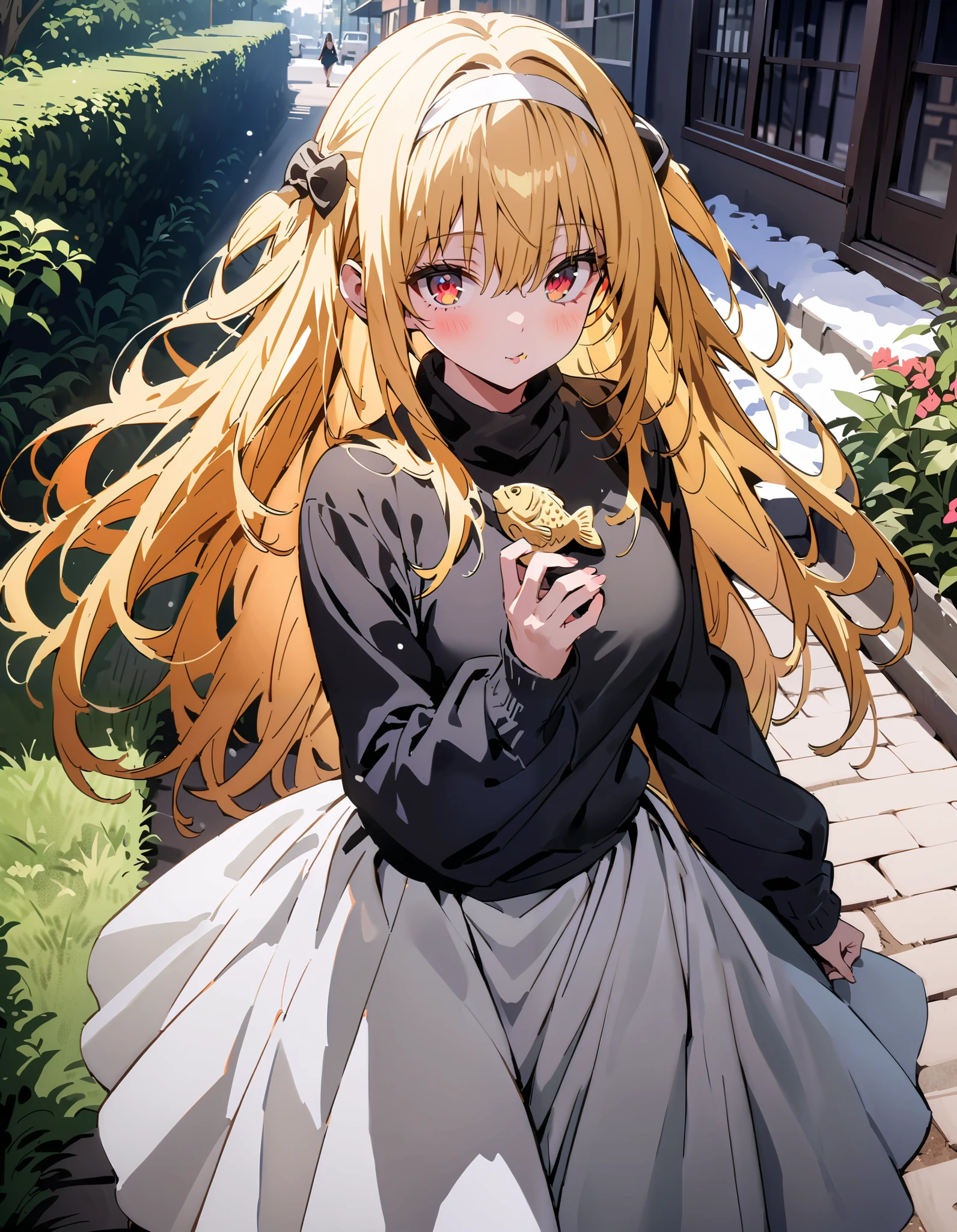 toloverudarkness, darkness, yellow hair, long hair, red eyes , Hair Ornament,White hair band ,White muffler, black down coat ,( sweater :1.2),( turtleneck:1.2), white long skirt, boots,Walking around eating with taiyaki in one hand,Eating taiyaki ,snow,whole bodyがイラストに入るように,
break outdoors, garden,
break looking at viewer,whole body,
break ( Masterpiece:1.2), top quality , kampala, Unity 8k Wallpaper,(shape:0.8),( fine, beautiful eyes :1.6),It's a person ,whole body写真,CG Details , ( perfect hands, Complete Anatomy),