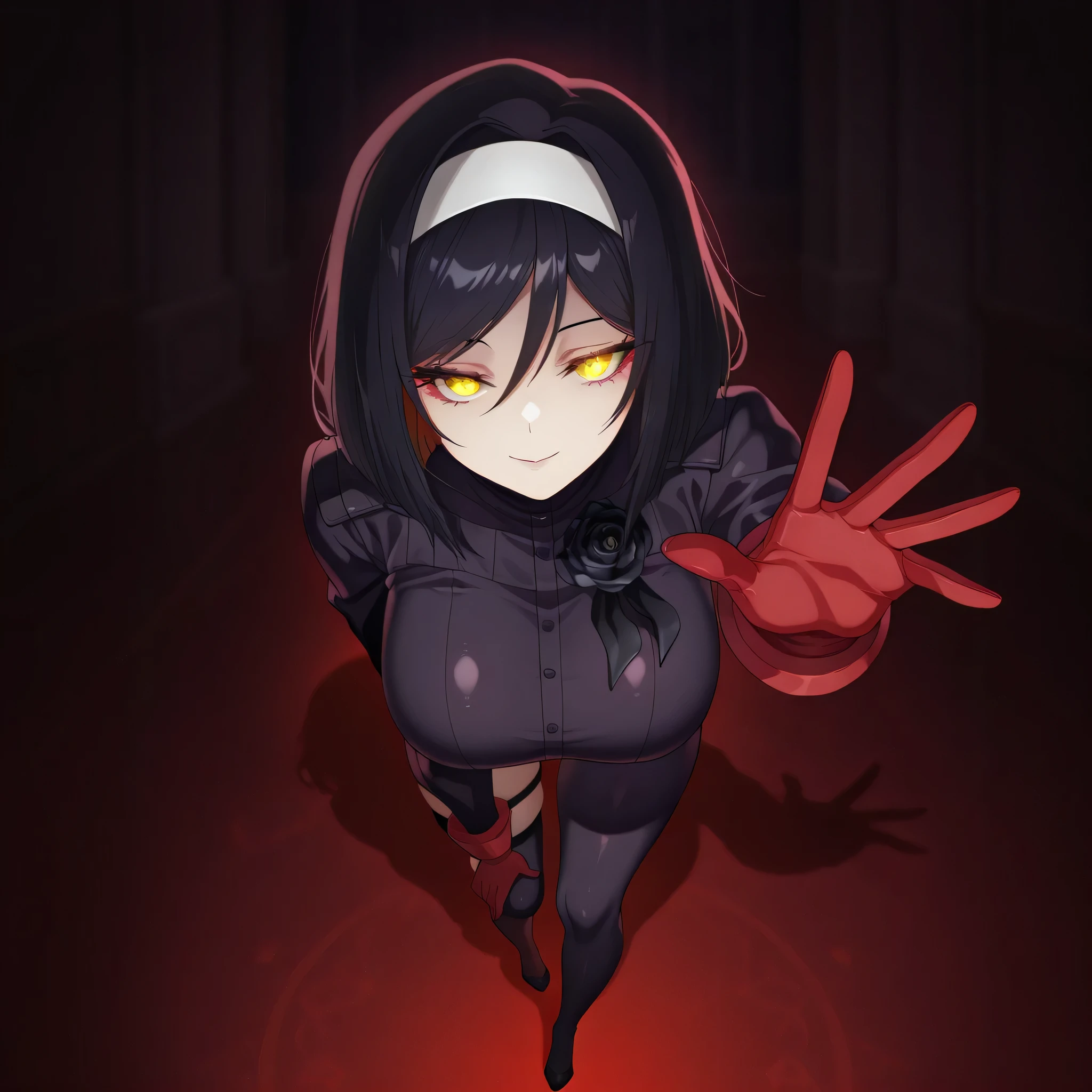 nime, (masterpiece), (best quality), (ultra-detailed), (best illustration), (best shadow), (absurdres), (detailed background), (very aesthetic), shiny, detailed beautiful eyes, outstanding, countershading, detailed soft lighting, an exquisite animation illustration, 1girl, solo, anheang, Dollsuit, thighthigh, dark persona, looking at viewer, red gloves, full body, Fighting Stance, hair ornament, submissive pose, seductive pose, large breast, huge breast, medium hair, colored inner hair, yellow eyes, hairband, eyeliner, black rose, black hair, light smile, black rose background, glowing eyes, seductive smile, offering, close-up, reaching towards viewer, waving, bent over