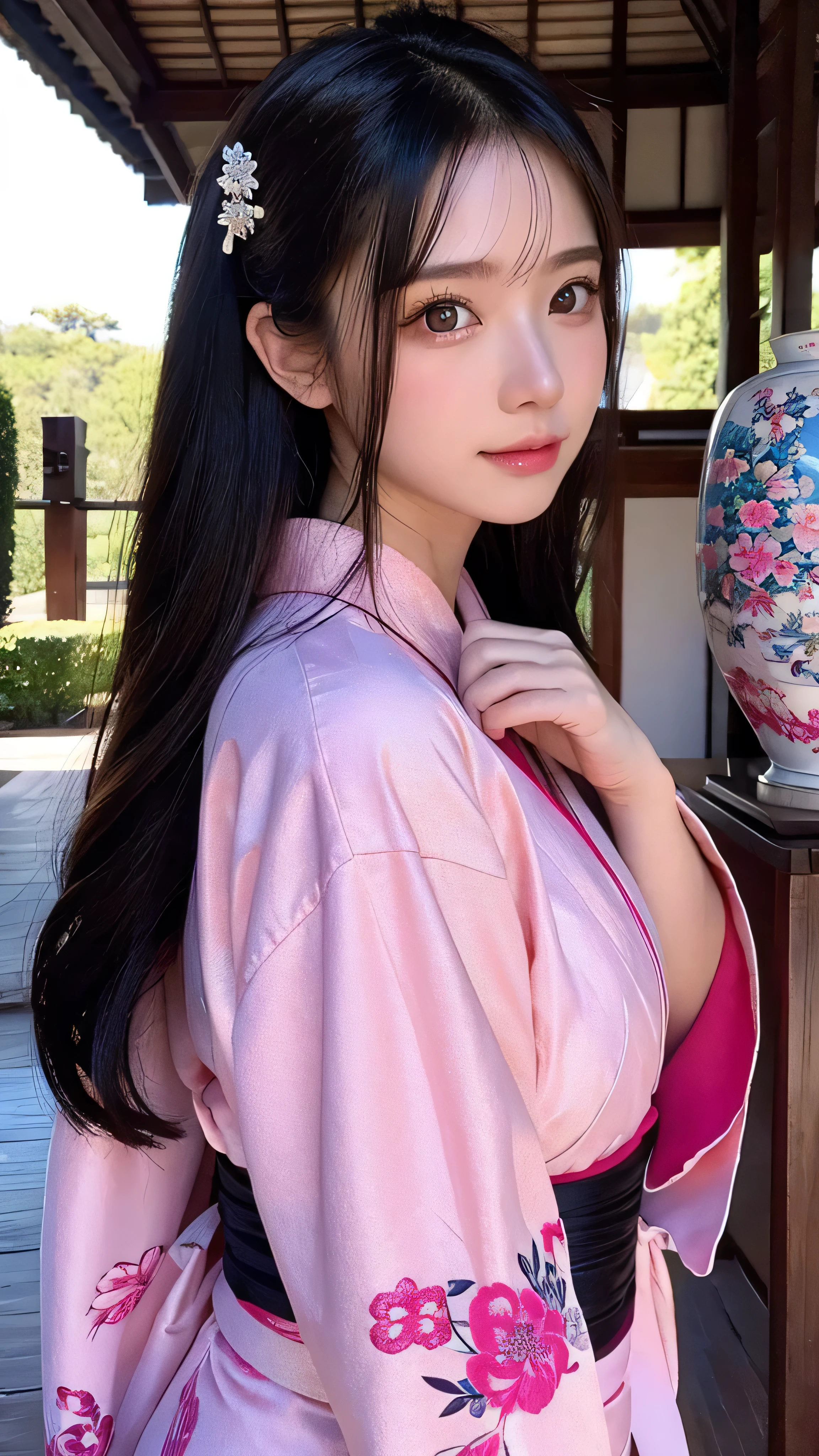  in high definition、 Masterpiece, (Pink kimono),  enchanting face ,  good lighting , valley, Fine details,  Masterpiece, Shining Eyes,  1 girl completely ,   black hair, gag, bamboo,  Nezuko Kamado, Wisteria Background,  Masterpiece,  top quality, throw, whole body,  old Japanese house。