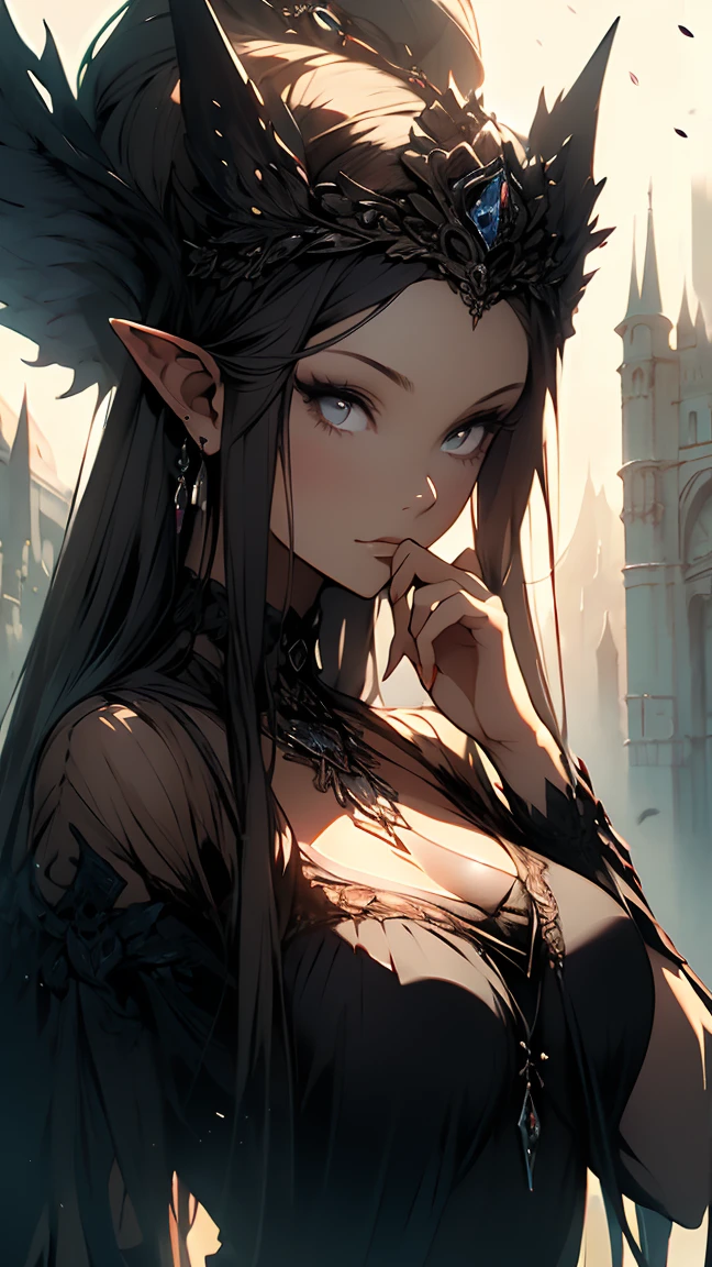 (work of art, best qualityer:1.3), 1womanl, Bblack hair, green dress, detailded, text, conceito, pointy ears.