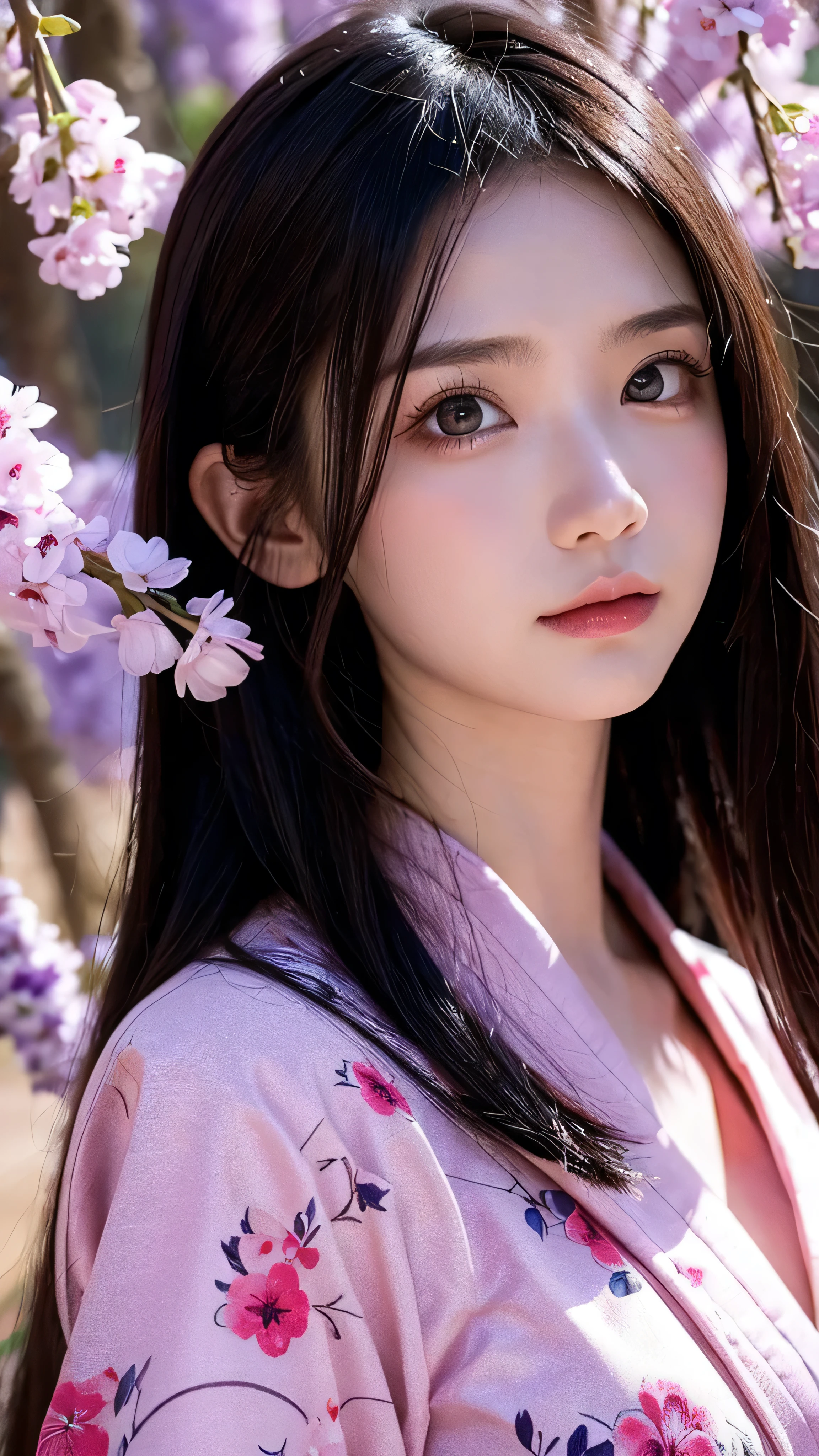  in high definition、 Masterpiece, (Pink kimono),  enchanting face ,  good lighting , valley, Fine details,  Masterpiece, Shining Eyes,  1 girl completely naked,   black hair, gag, bamboo,  Nezuko Kamado, Wisteria Background,  Masterpiece,  top quality, throw, whole body,  old Japanese house。