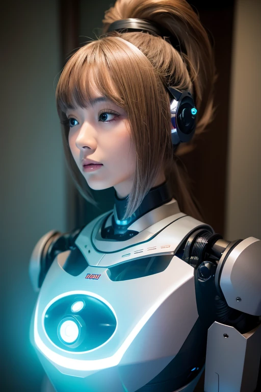 A girl in a futuristic bright white heavily armored robot suit takes a photo、perfect android girl, Female cyborg body, Perfect anime cyborg woman, Beautiful female android!, Female Robot, completely robot!! girl, Cute cyborg girl, Cyber Suit, Girl wearing mecha cybernetic armor, Cyber Suit, beutiful white girl cyborg, Beautiful female android, Beautiful girl cyborg、Cute cyborg girl with short bob hair、Beautiful android sculpture model、(Laughter)、((Rounded, white, sturdy armor))、(((Equipped with long sensor antennas on both ears)))、(((Robot Girl)))、(((Android girls)))、