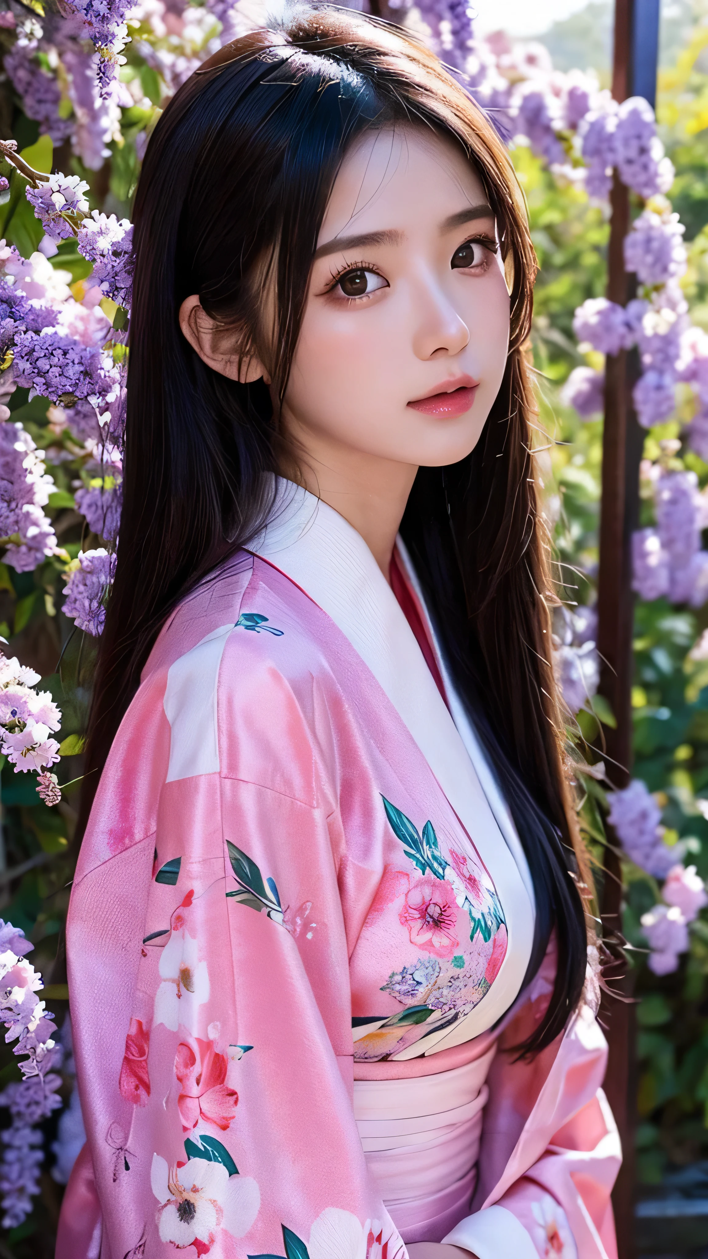 in high definition、 Masterpiece, (Pink kimono), enchanting face , good lighting , valley, Fine details, Masterpiece, Shining Eyes, 1 girl completely naked, black hair, gag, bamboo, Nezuko Kamado, Wisteria Background, Masterpiece, top quality, throw, whole body, old Japanese house。