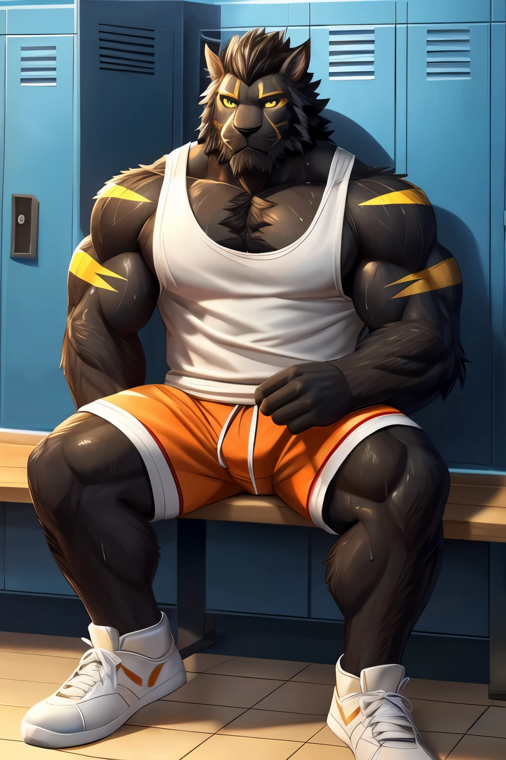 ( masterpiece, Highest quality, High resolution, Deeply drawn boundaries, 8K, Super detailed), horse, male, Muscular, Training wear, Jockstrap, Groin bulge, Gym, Black Mane, sneakers, Sweaty body, White towel, Black body, Long legs, Posing, Protein shaker, Athletic Body, Long neck, Looking at the viewer,