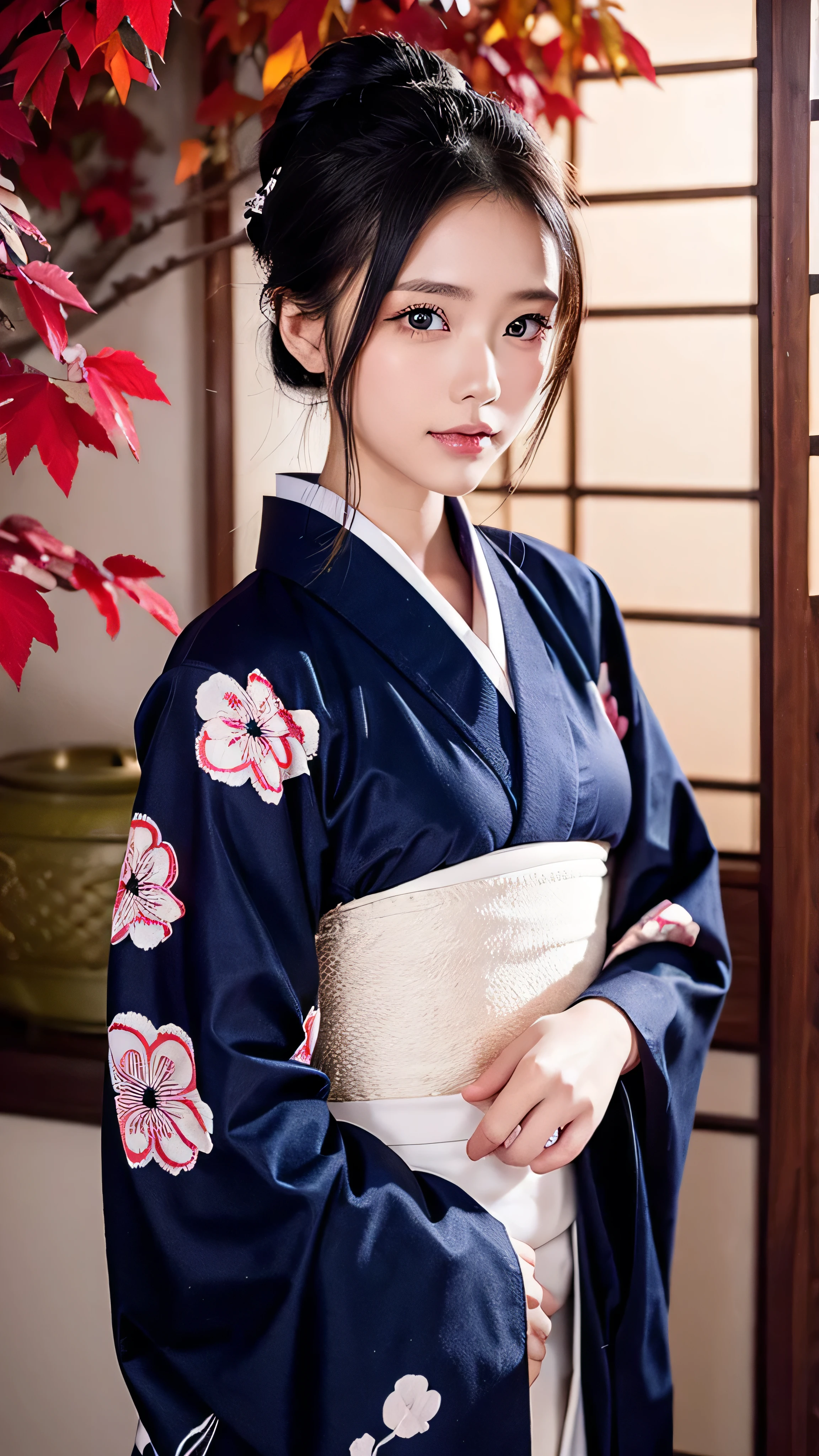 in high definition、 Masterpiece, ( dark blue kimono ), Good Girl , good lighting , Face Details , Detailed Details on How to Wear the Right Kimono, Masterpiece, Shining Eyes, 1 girl completely naked, black hair, gag, bamboo, Nezuko Kamado, autumn leaves background, Masterpiece, top quality, full body high quality image , Professional technology , old Japanese house。