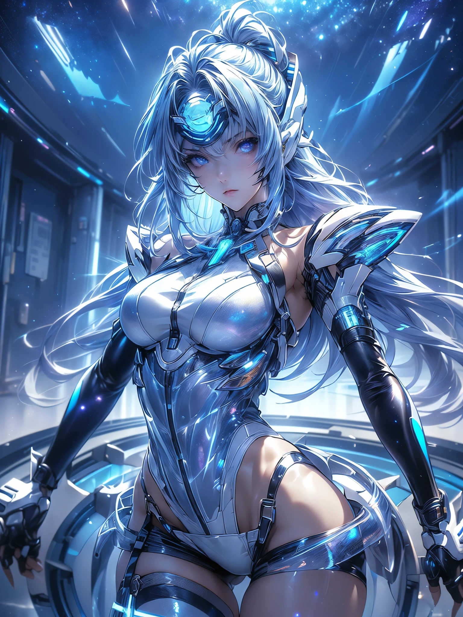 Wires and cables to connect to a standing KOS-MOS    ， (( holographic glossy effect))， score_9,  score_8_Excellent,  score_7_Excellent, 32K ，Detailed Depiction 、((  highly detailed CG integration  ), CGSoation Trends、 (cowboy shot,  )， ( action pose),  very detailed face 、Bluish purple hair、 straight hair,  SHINY AND CLEAN HAIR 、 White Shiny Skin 、 sexy cyberpunk girl 、 fiberglass 、Light emitting tube、(( Dark blue eyes :1.4, Clear Eyes, A board with detailed eyes ，  beautiful eyelashes ))、Neon Details、 Mechanical Hands 、 vascular tube 、mechanical neck worn around the neck 、  head 、white latex hi-leg leotard(( Valkyrie ))、  high heels，((  Dramatic Graphic Backdrop  ：(( Mirrored Floor ))、blue moon object 、light vortex、Starry Sky  ，)  )，(( top quality)),( ultra high resolution),( super detailed)