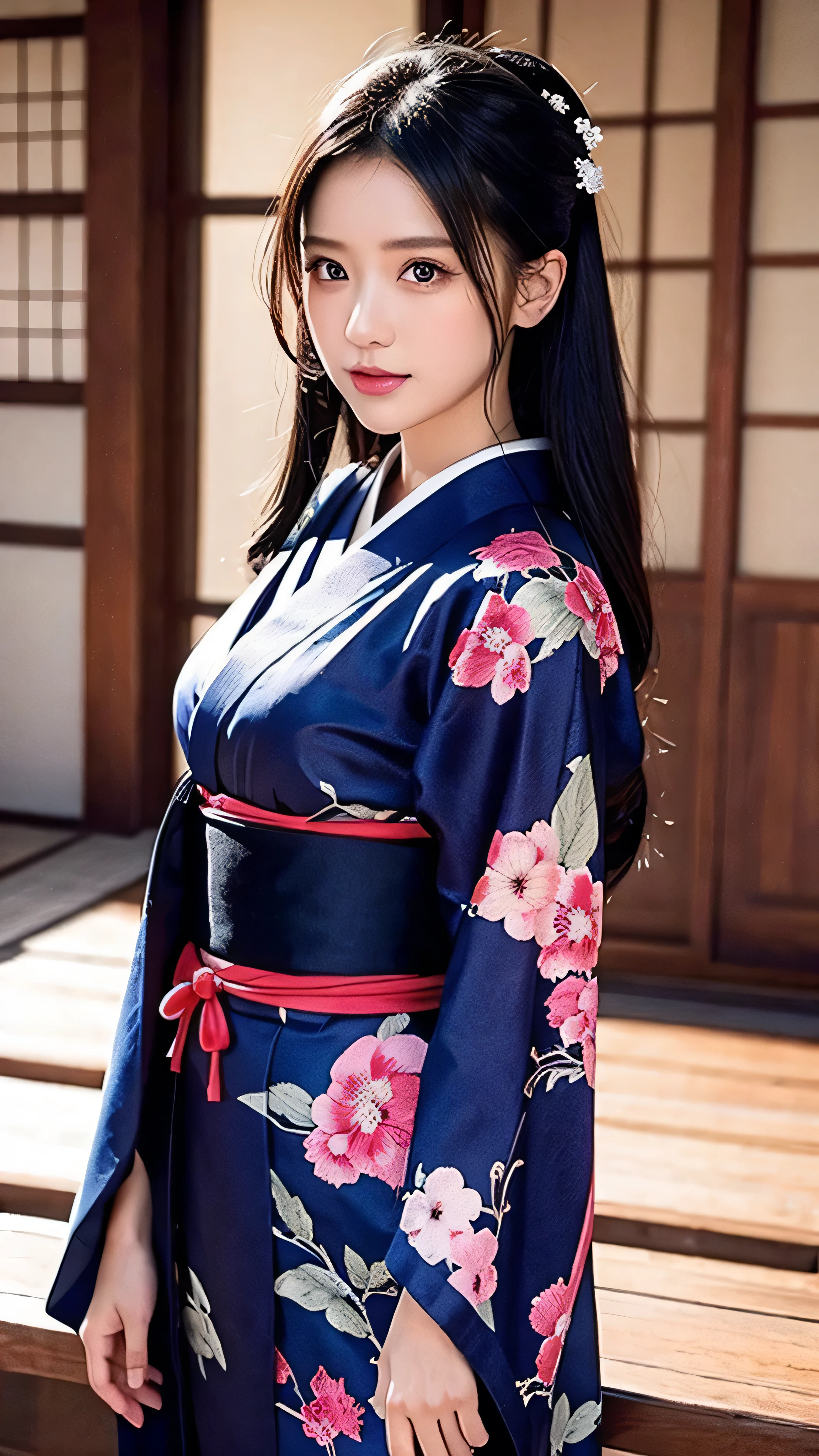 in high definition、 Masterpiece, ( dark blue kimono ), Good Girl , good lighting , Face Details , Detailed Details on How to Wear the Right Kimono, Masterpiece, Shining Eyes, 1 girl completely naked, black hair, gag, bamboo, Nezuko Kamado, autumn leaves background, Masterpiece, top quality, full body high quality image , Professional technology , old Japanese house。