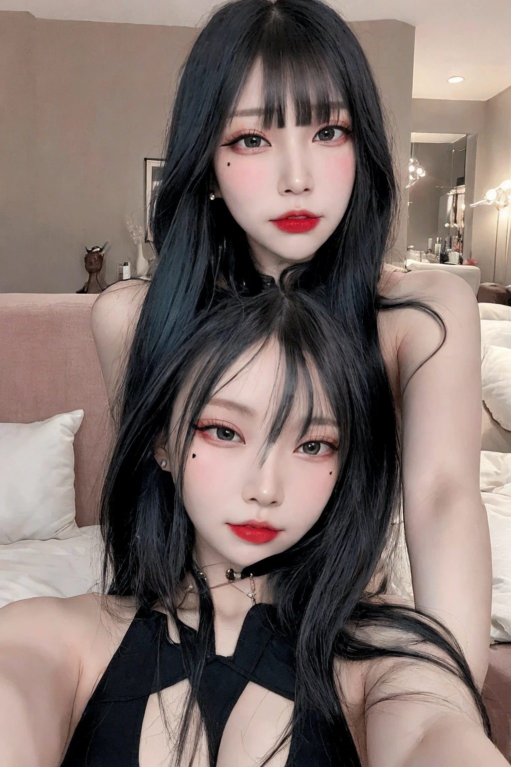 1woman, 35 years old, solo, korean, skinny, long black hair, black eyes, black suit, eyeliner, looking at viewer, lips, blunt bangs, blush, standing, upper body, tatoo, large breats, (big tits), dinamic poses, laying on the bed