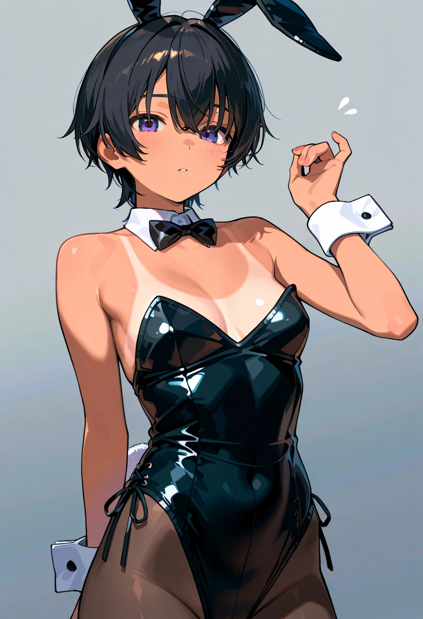 bedroom、 girl{ black hair、 short hair(Long sideburns、Very long neckline )、 slender、 small tits、 tan跡、Dark Skin、 tan、 bunny suit、}、