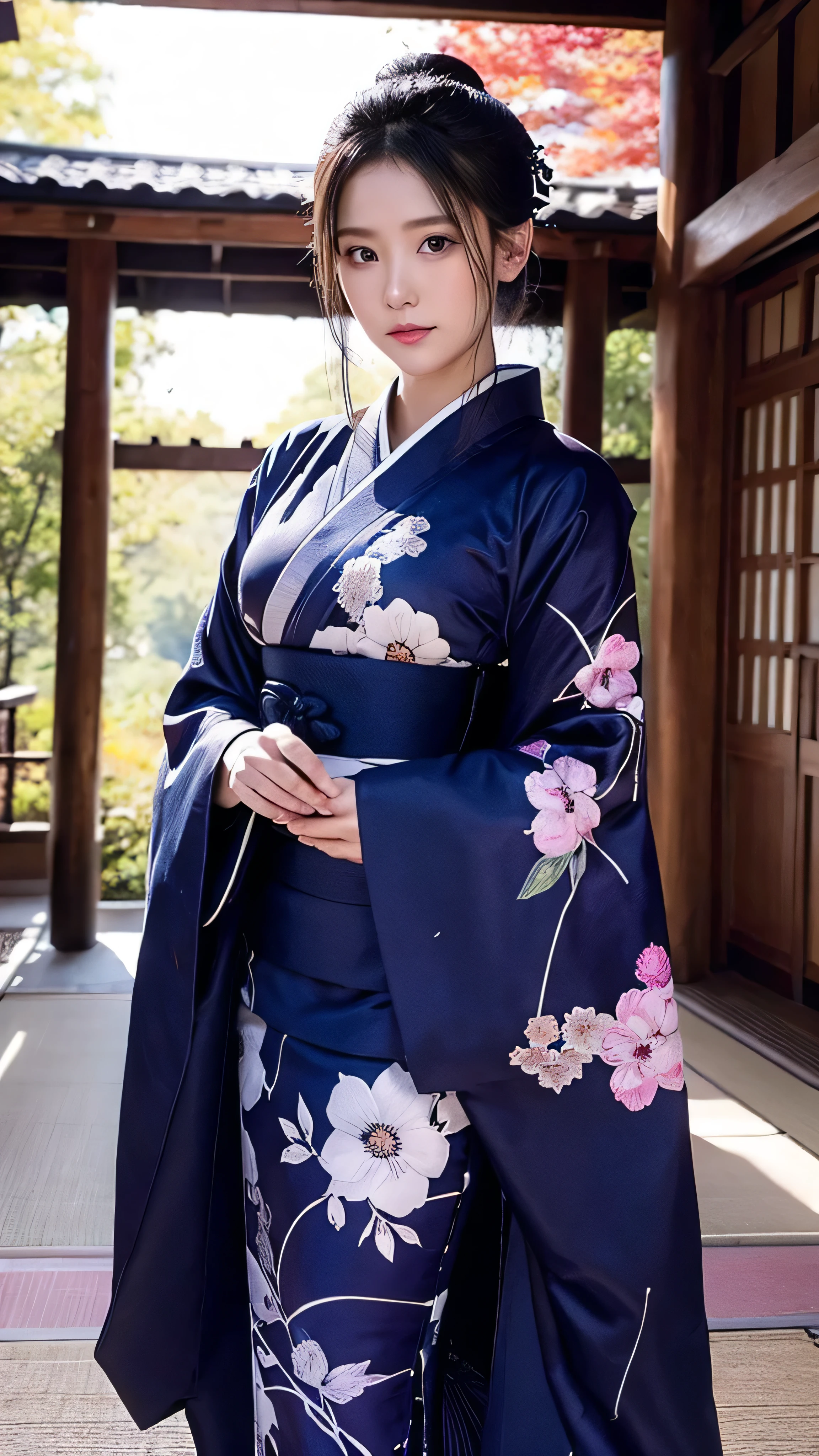  in high definition、 Masterpiece, ( dark blue kimono ), Good Girl ,  good lighting ,  Face Details ,  detailed details on how to properly wear a kimono, Indigo dyed kimono, Shining Eyes,  1 girl completely naked,  black hair,  bamboo,  autumn leaves background,  Masterpiece,  top quality,  full body high quality image , Professional techniques for outdoor photography , Old Japanese house background。