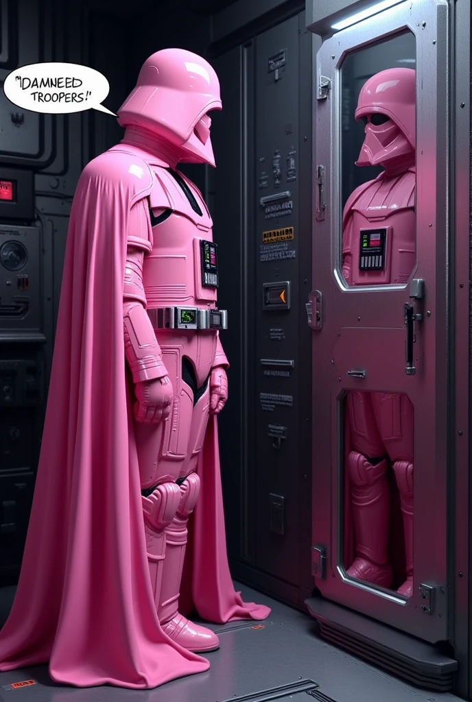 Darth Vader stands in a dimly lit chamber, a speech bubble saying "Damned troopers!", his imposing presence slightly undermined by the unexpected sight of his iconic armor now entirely pastel pink. The glossy, pastel-toned helmet reflects the soft ambient glow of the control panels around him, while his flowing pink cape drapes elegantly over his shoulders. His armored chest plate gauntlets and boots retain their familiar structure, but the vibrant pink hue gives them an almost surreal contrast against the dark metallic interior of the starship. He gazes at his reflection in a polished steel wall, his stance rigid with confusion, as if silently questioning the absurdity of his altered appearance. The surrounding environment hums with the steady pulse of machinery, casting subtle highlights over the unusual color of his armor, blending the imposing presence of the Sith Lord with an unexpectedly whimsical aesthetic in a high-quality modern image.