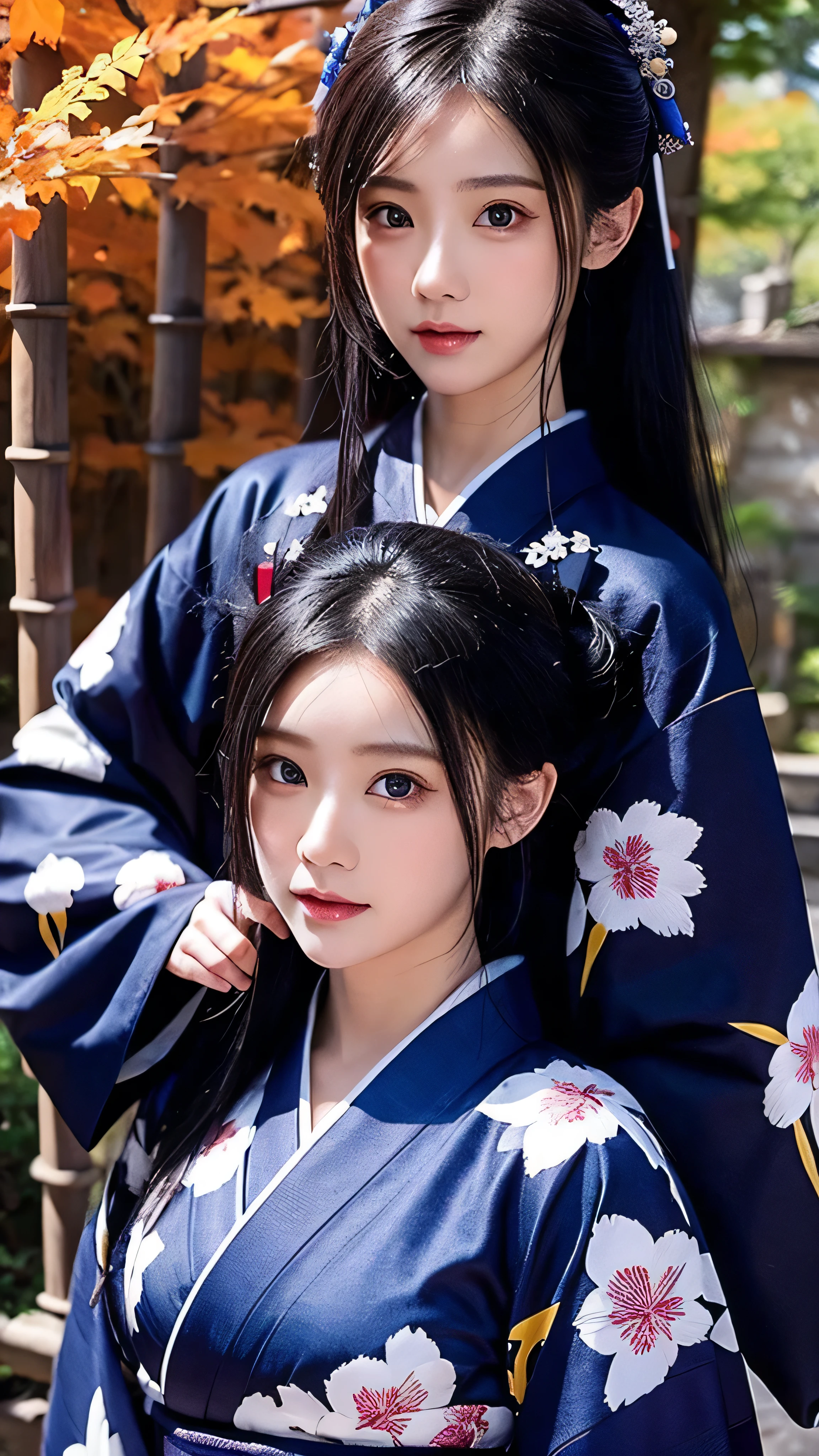 in high definition、 Masterpiece, ( dark blue kimono ), Good Girl , good lighting , Face Details , detailed details on how to properly wear a kimono, Indigo dyed kimono, Shining Eyes, 1 girl completely naked, black hair, bamboo, autumn leaves background, Masterpiece, top quality, full body high quality image , Professional techniques for outdoor photography 。