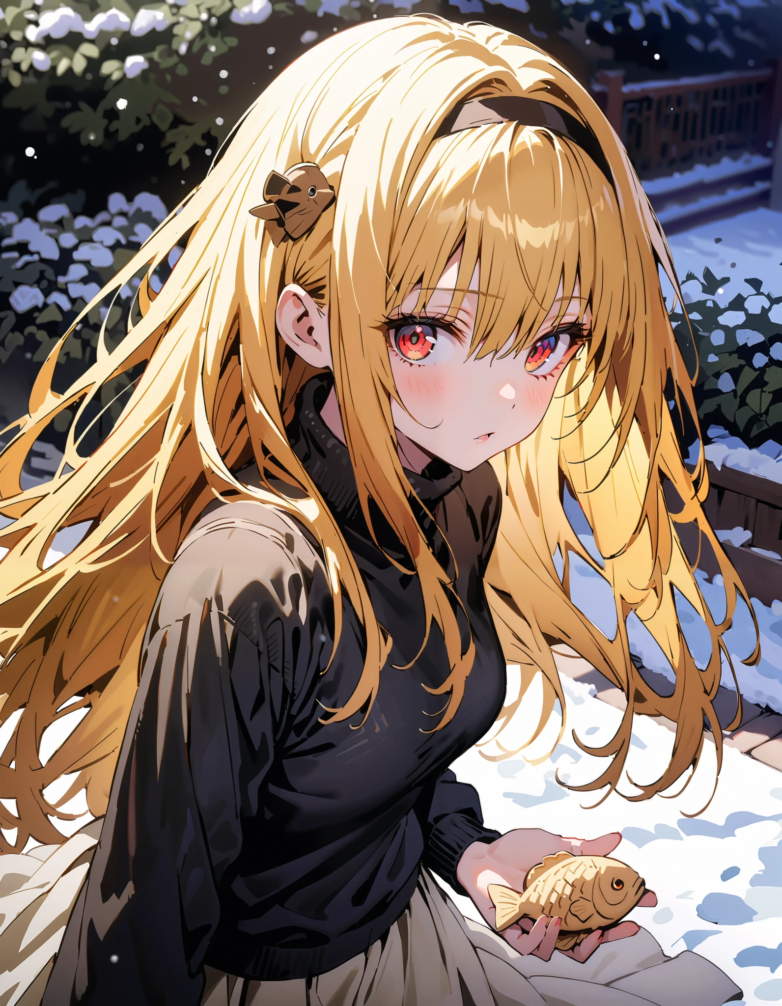 toloverudarkness, darkness, yellow hair,  long hair,  red eyes ,  Hair Ornament,White hair band ,White muffler, black down coat ,( sweater  :1.2),(  turtleneck:1.2), white long skirt, boots,Walking around eating with taiyaki in one hand,Eating taiyaki ,snow,whole bodyがイラストに入るように,
break outdoors, garden,
break looking at viewer,whole body,
break ( Masterpiece:1.2), top quality , kampala, Unity 8k Wallpaper,(shape:0.8),(  fine, beautiful eyes  :1.6),It's a person ,whole body写真,CG Details , ( perfect hands, Complete Anatomy),